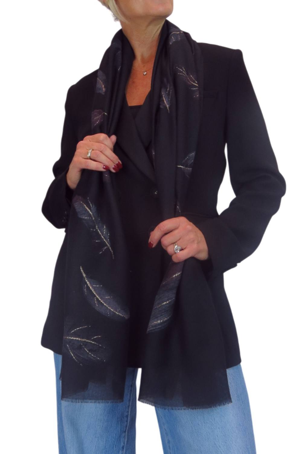 Paulo Due Feather Print Lightweight Scarf With Gold Lurex Detail In Black Paulo Due Feather Print Lightweight Scarf With Gold Lurex Detail In Black