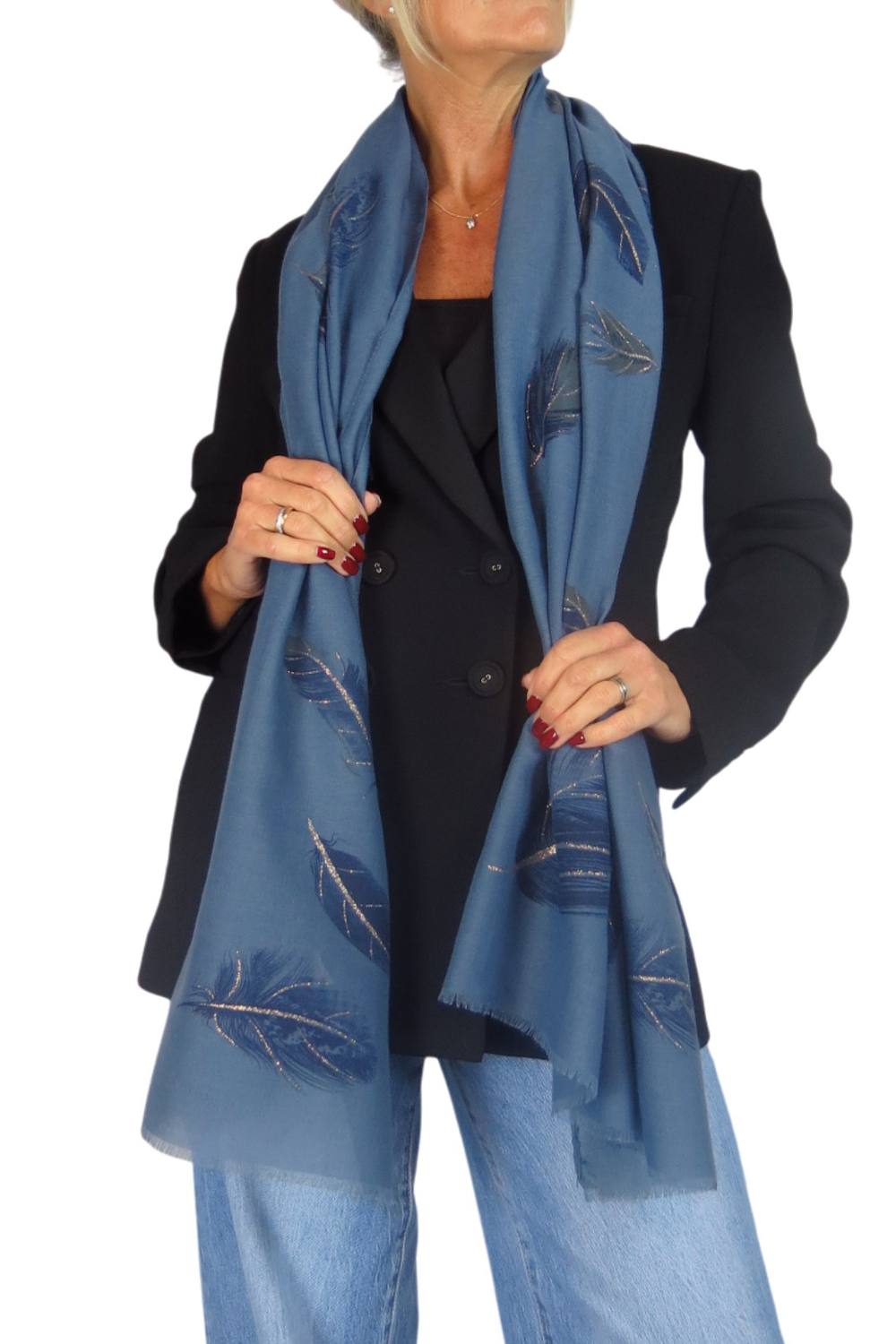 Paulo Due Feather Print Lightweight Scarf With Gold Lurex Detail In Midnight Paulo Due Feather Print Lightweight Scarf With Gold Lurex Detail In Midnight