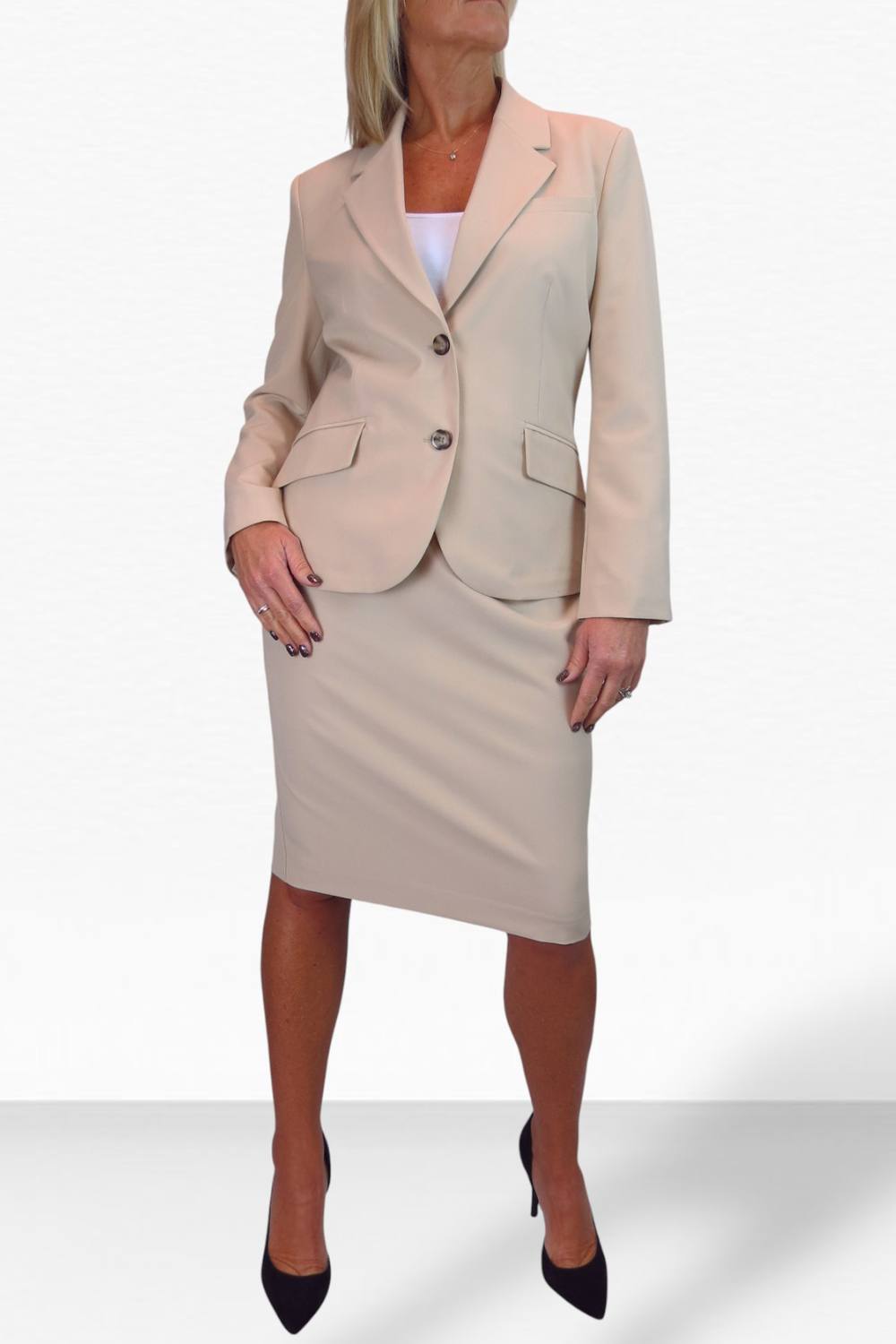Paulo Due Piece Tailored Skirt Suit In Beige Paulo Due Piece Tailored Skirt Suit In Beige