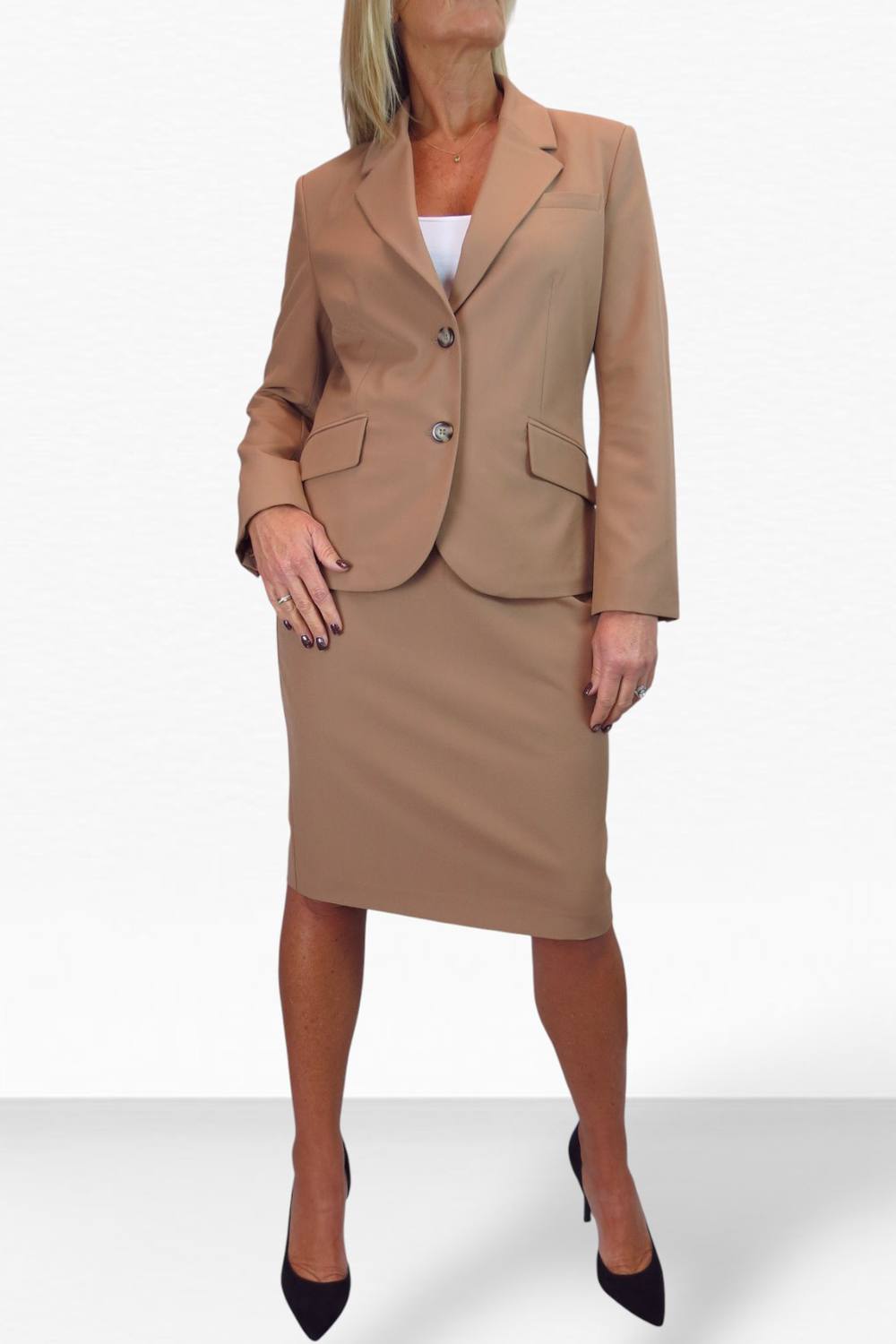 Paulo Due Piece Tailored Skirt Suit In Tan Paulo Due Piece Tailored Skirt Suit In Tan