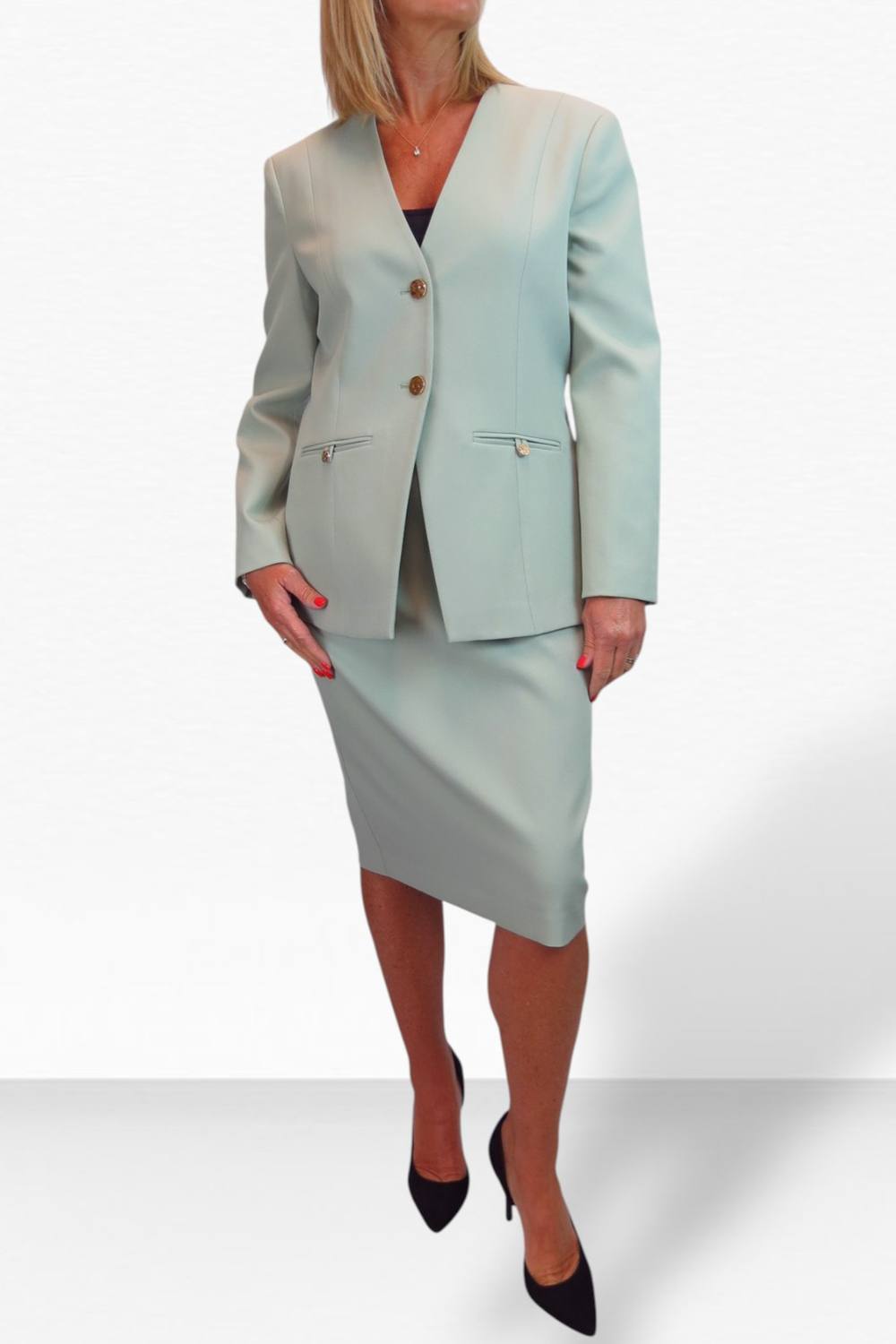 Paulo Due Piece V Neck Jacket And Midi Skirt Suit In Light Green Paulo Due Piece V Neck Jacket And Midi Skirt Suit In Light Green