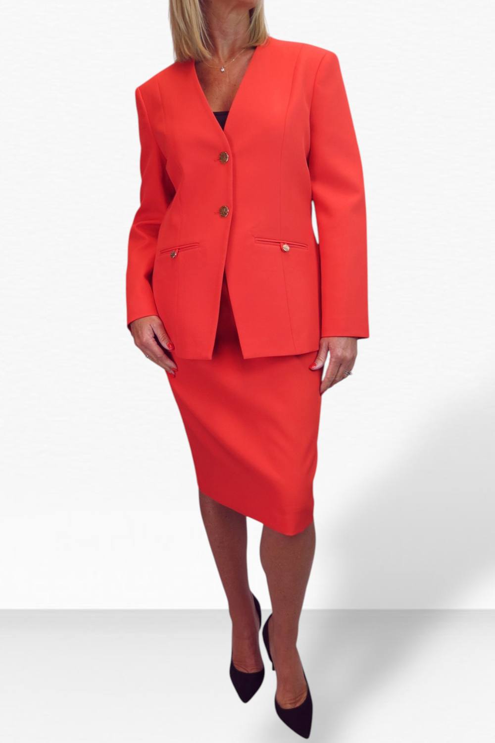 Paulo Due Piece V Neck Jacket And Midi Skirt Suit In Coral Paulo Due Piece V Neck Jacket And Midi Skirt Suit In Coral