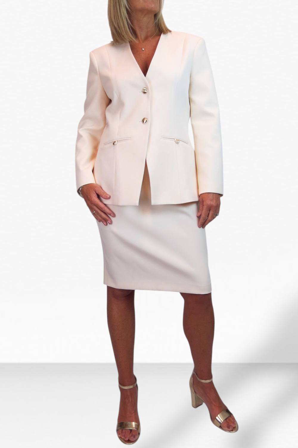Paulo Due V Neck Jacket And Below Knee Skirt Suit In Peach