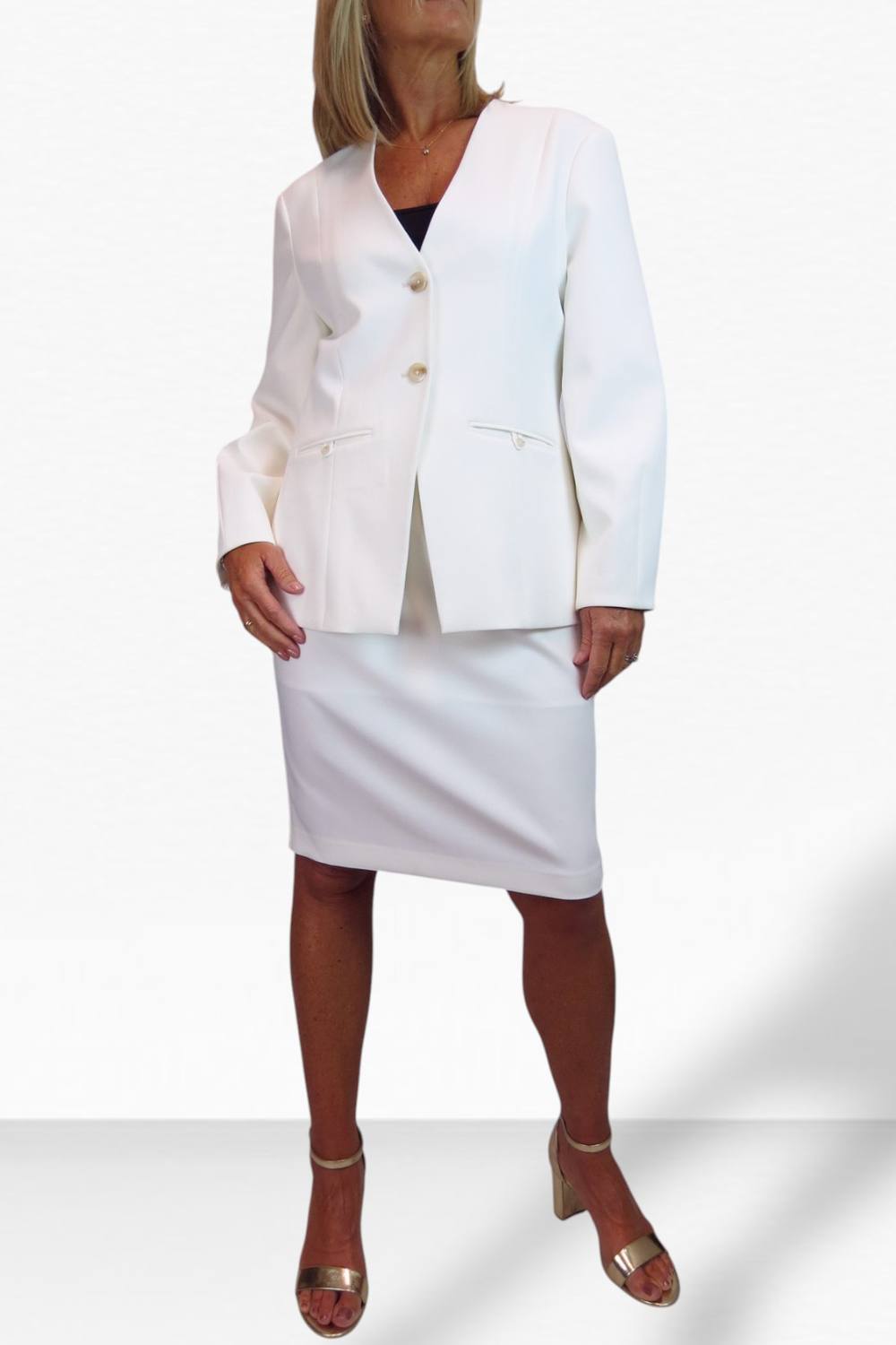 Paulo Due Puff Sleeve Jacket And Below Knee Skirt Suit In Cream