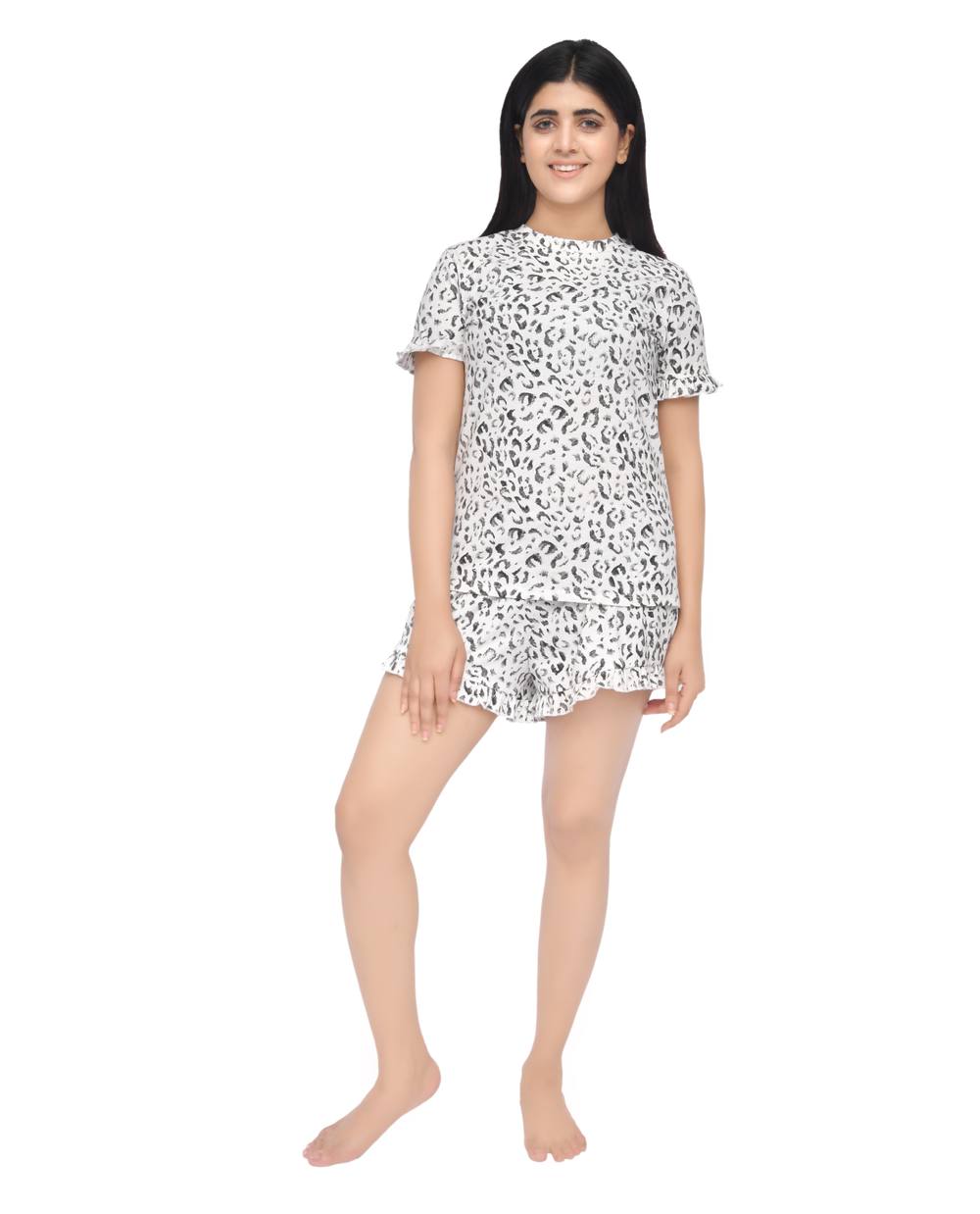 Smart Living Casual Grey Leopard Print Frill Short Sleeve Tee & Shorts Loungewear Set Smart Living Casual Grey Leopard Print Frill Short Sleeve Tee & Shorts Loungewear Set