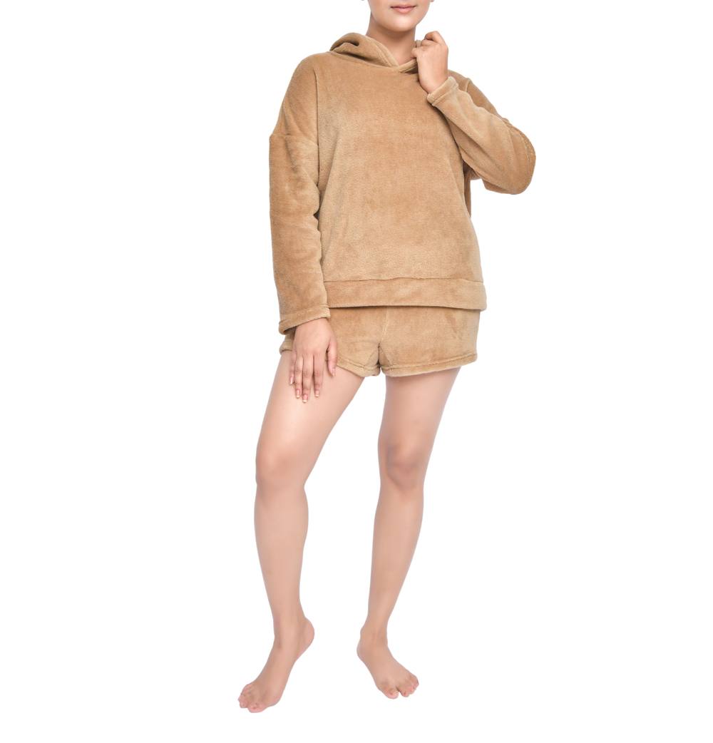 Smart Living Soft & Cozy Fleece Loungewear Hoodie & Short Set In Light Brown Smart Living Soft & Cozy Fleece Loungewear Hoodie & Short Set In Light Brown