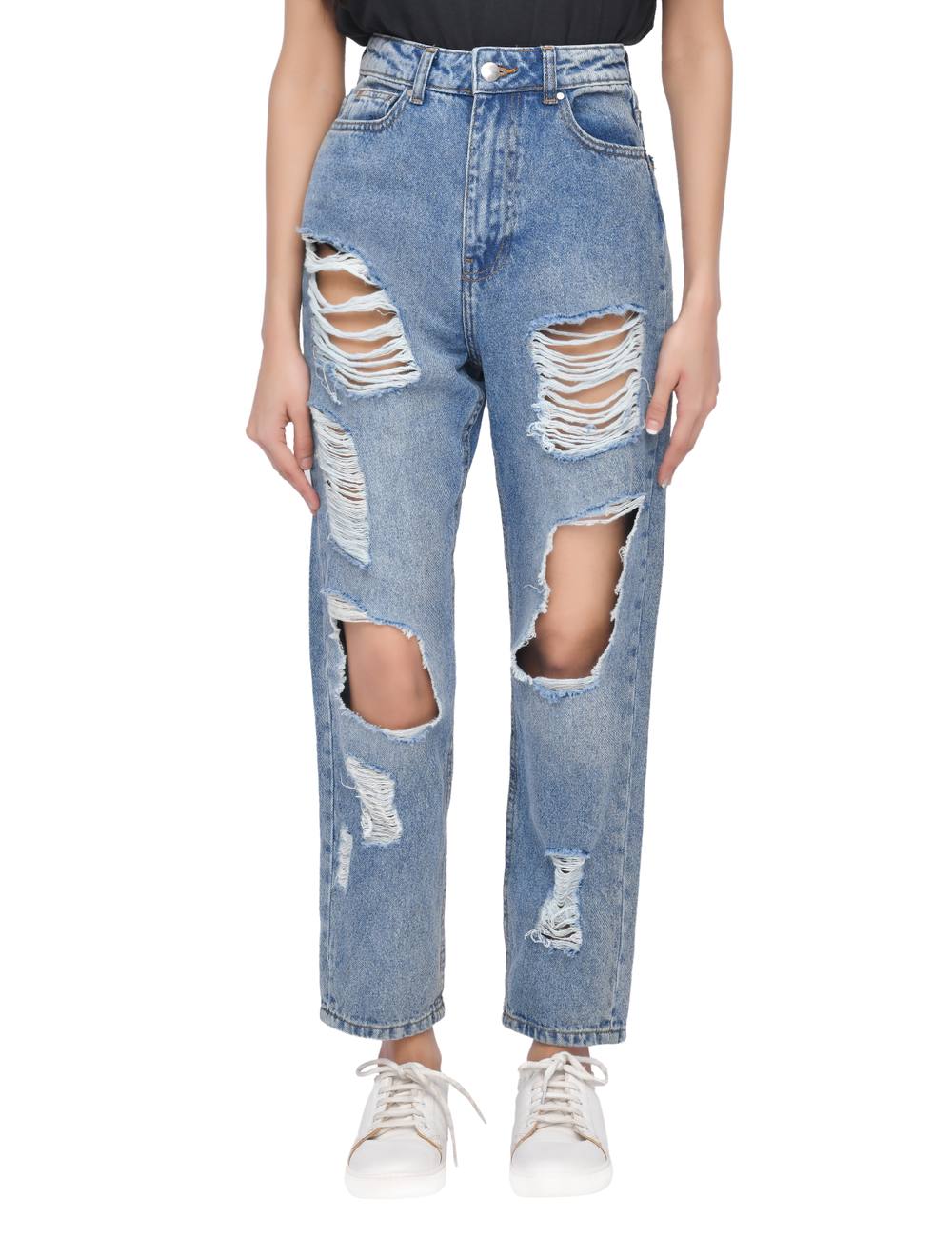 Smart Living High-Waisted Multi-Rip Mom Jeans – Classic Style With Modern Edge In Mid Blue Smart Living High-Waisted Multi-Rip Mom Jeans – Classic Style With Modern Edge In Mid Blue