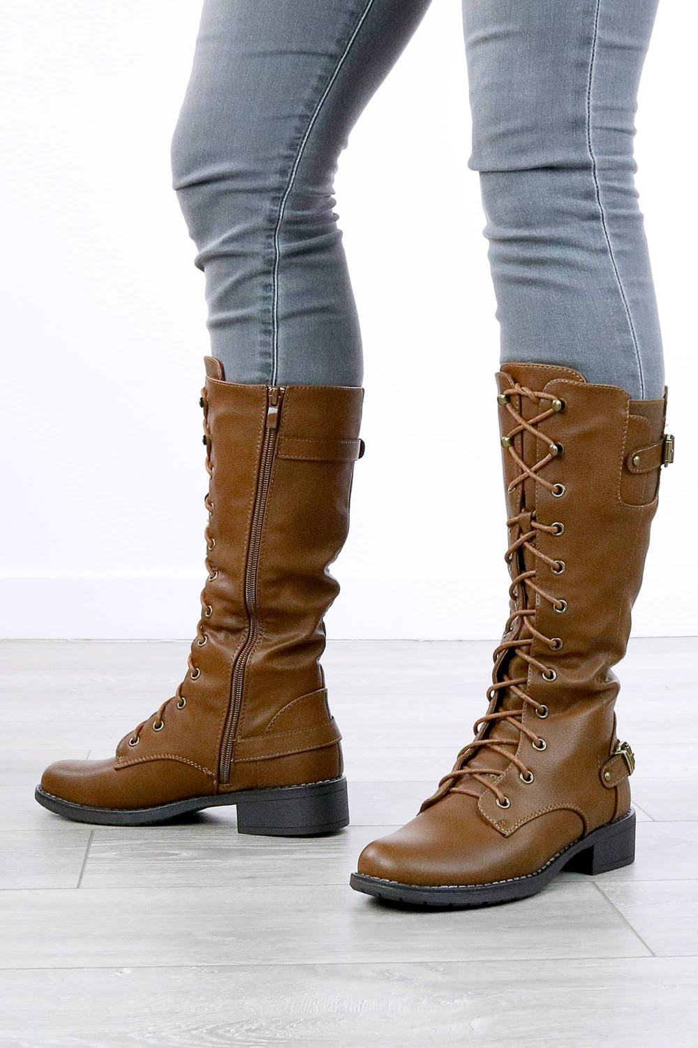 Ajvani Heel Lace Up Military Combat Biker Style Calf Boots In Tan Ajvani Heel Lace Up Military Combat Biker Style Calf Boots In Tan