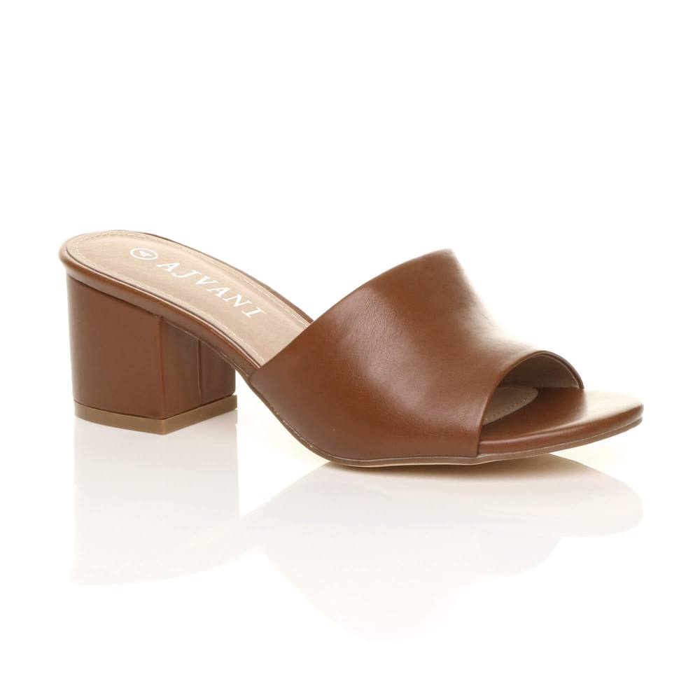 Ajvani Mid Block Heel Peep Toe Mules Faux Leather Heeled Sandals In Tan Ajvani Mid Block Heel Peep Toe Mules Faux Leather Heeled Sandals In Tan