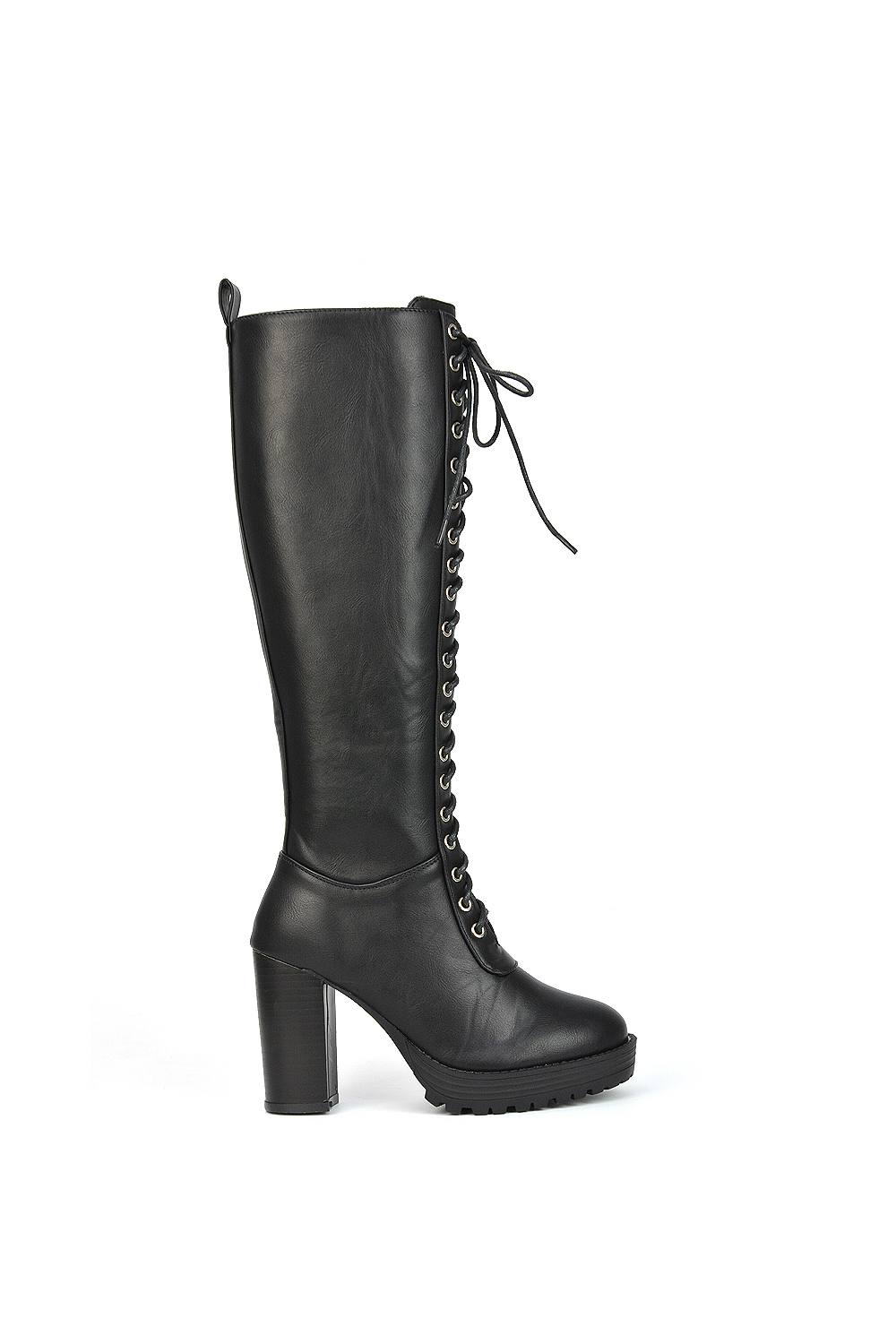 Xy London ‘ruthie’ Knee High Block Heel Lace Up Platform Boots In Black Xy London ‘ruthie’ Knee High Block Heel Lace Up Platform Boots In Black