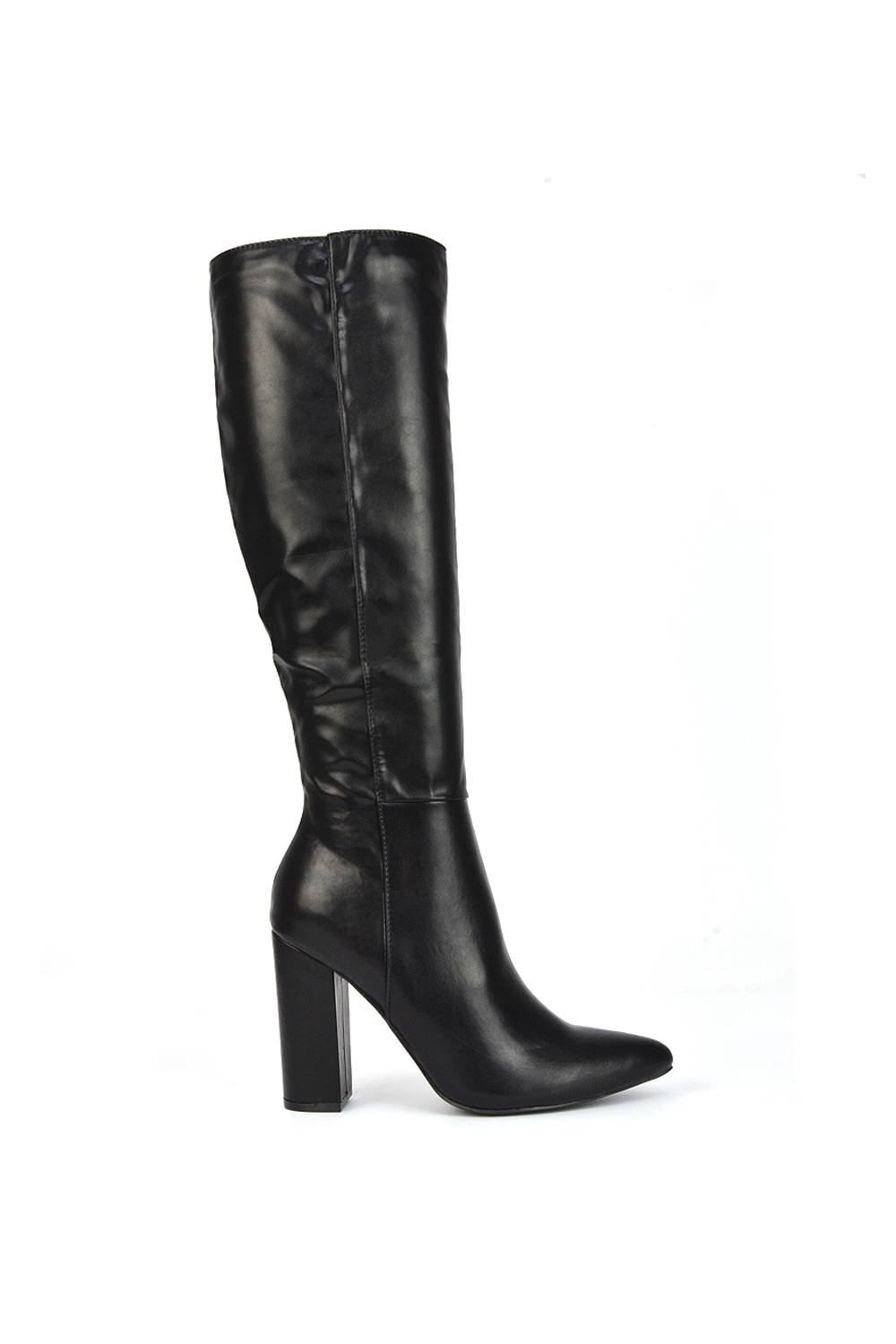 Xy London ‘opal’ Knee High Pointed Toe Block Heeled Long Boots In Black Xy London ‘opal’ Knee High Pointed Toe Block Heeled Long Boots In Black