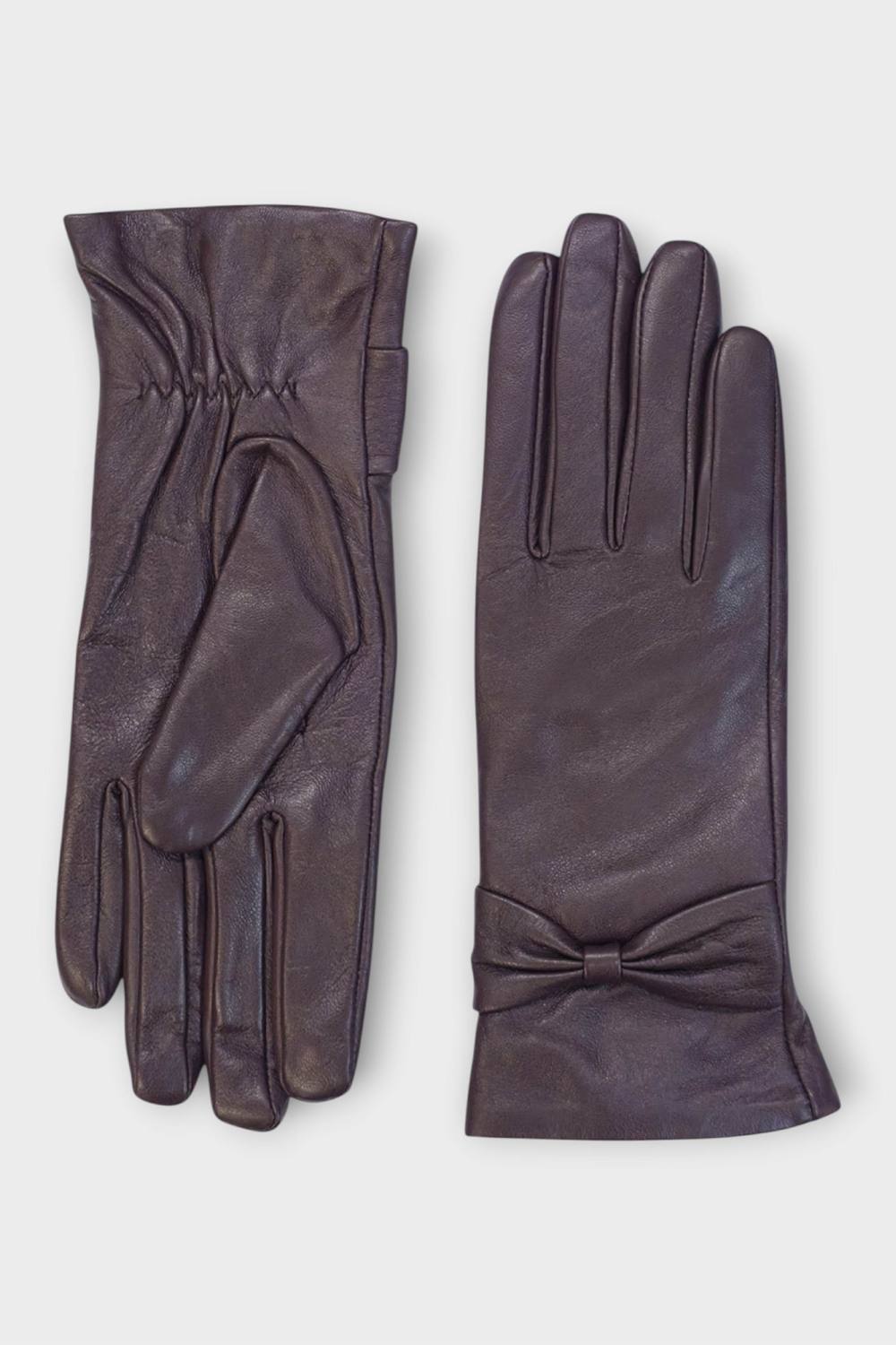 Infinity Leather Italian Leather Bow Design Soft Wool Lining Winter Gloves In Purple Infinity Leather Italian Leather Bow Design Soft Wool Lining Winter Gloves In Purple