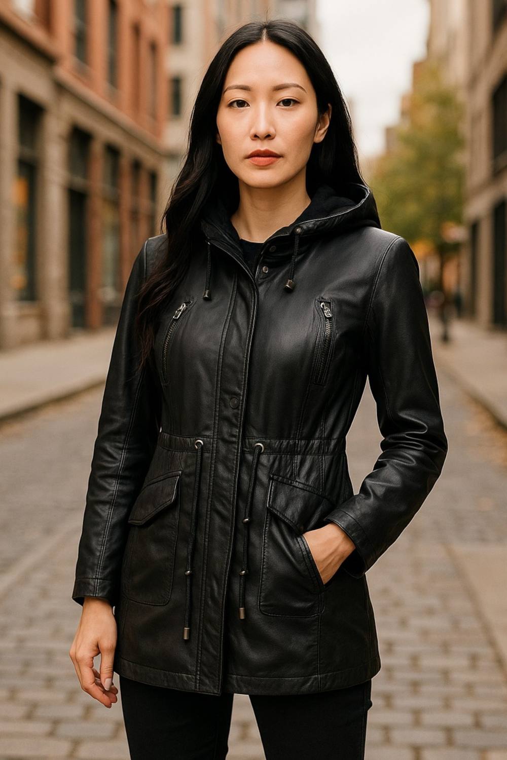 Infinity Leather Leather Hooded Parka Jacket-Clare In Jet Black Infinity Leather Leather Hooded Parka Jacket-Clare In Jet Black