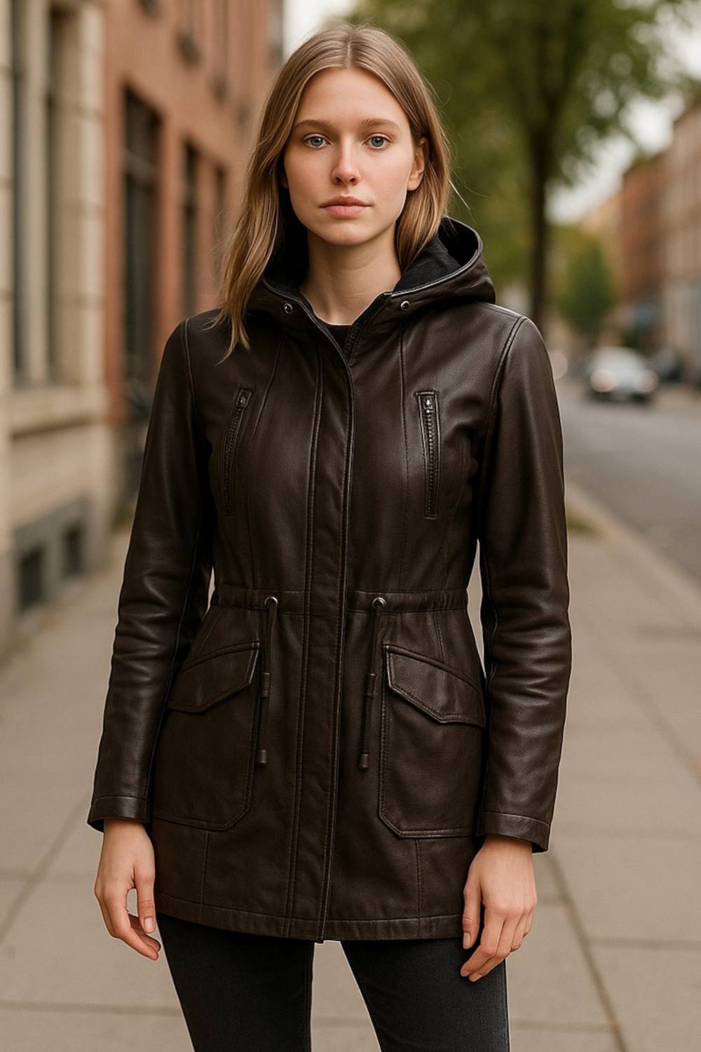 Infinity Leather Leather Hooded Parka Jacket-Clare In Brown Infinity Leather Leather Hooded Parka Jacket-Clare In Brown