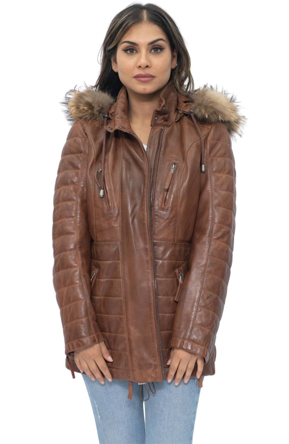 Infinity Leather Quilted Leather Parka Jacket-Curitiba In Tan Infinity Leather Quilted Leather Parka Jacket-Curitiba In Tan