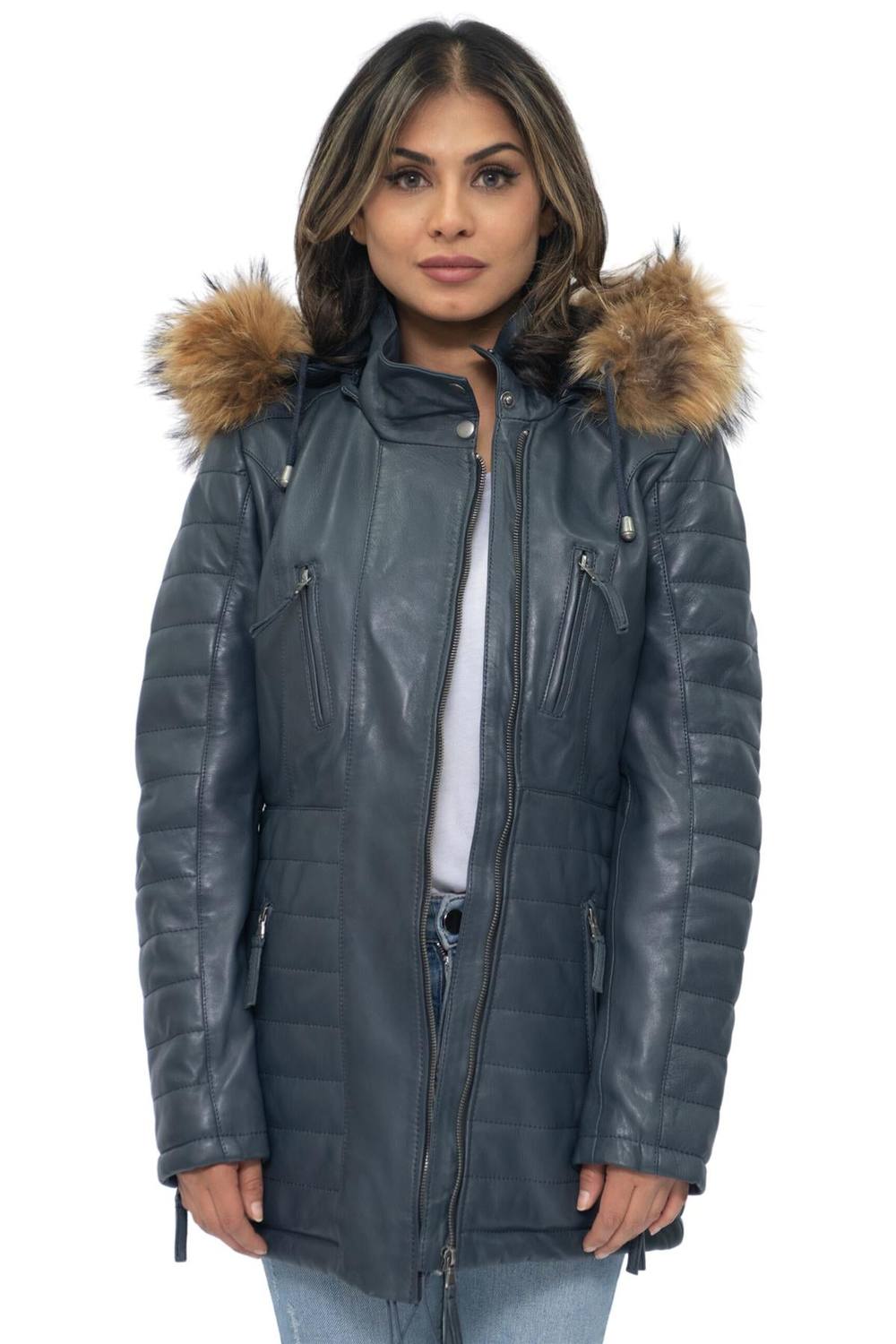 Infinity Leather Quilted Leather Parka Jacket-Curitiba In Navy Infinity Leather Quilted Leather Parka Jacket-Curitiba In Navy