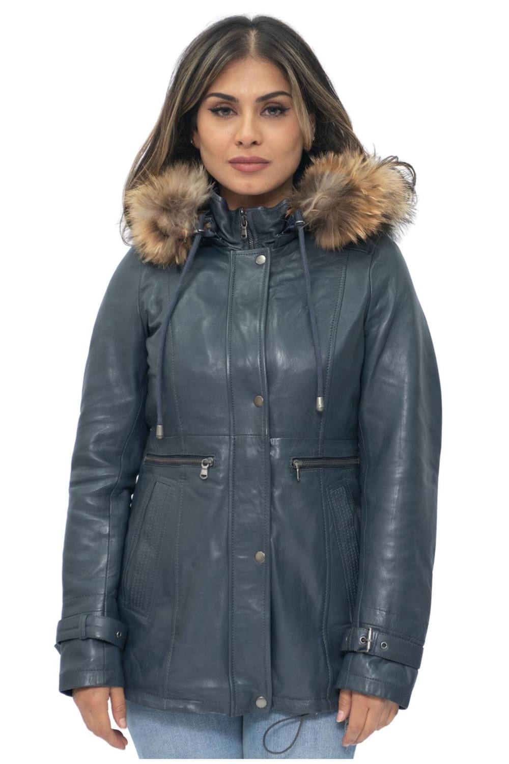 Infinity Leather Leather Hooded Parka Jacket-Putian In Navy Infinity Leather Leather Hooded Parka Jacket-Putian In Navy