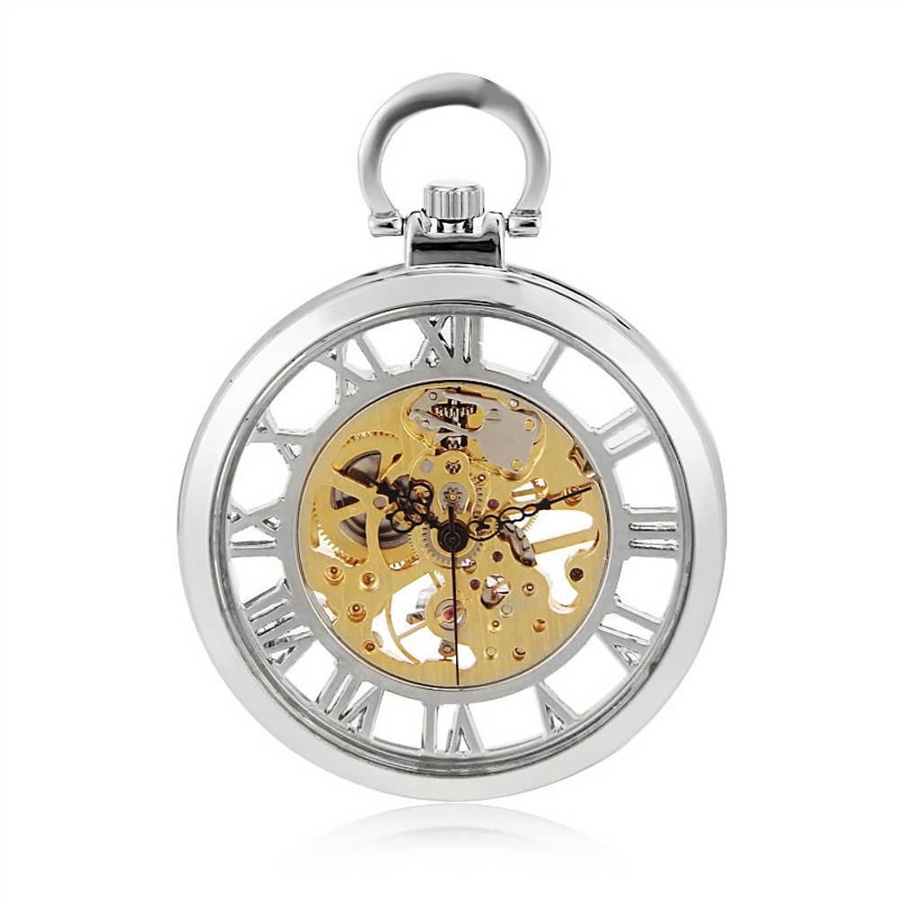 Infinity Leather Open-Face Alloy Mechanical Skeleton Pocket Watch In Silver Infinity Leather Open-Face Alloy Mechanical Skeleton Pocket Watch In Silver