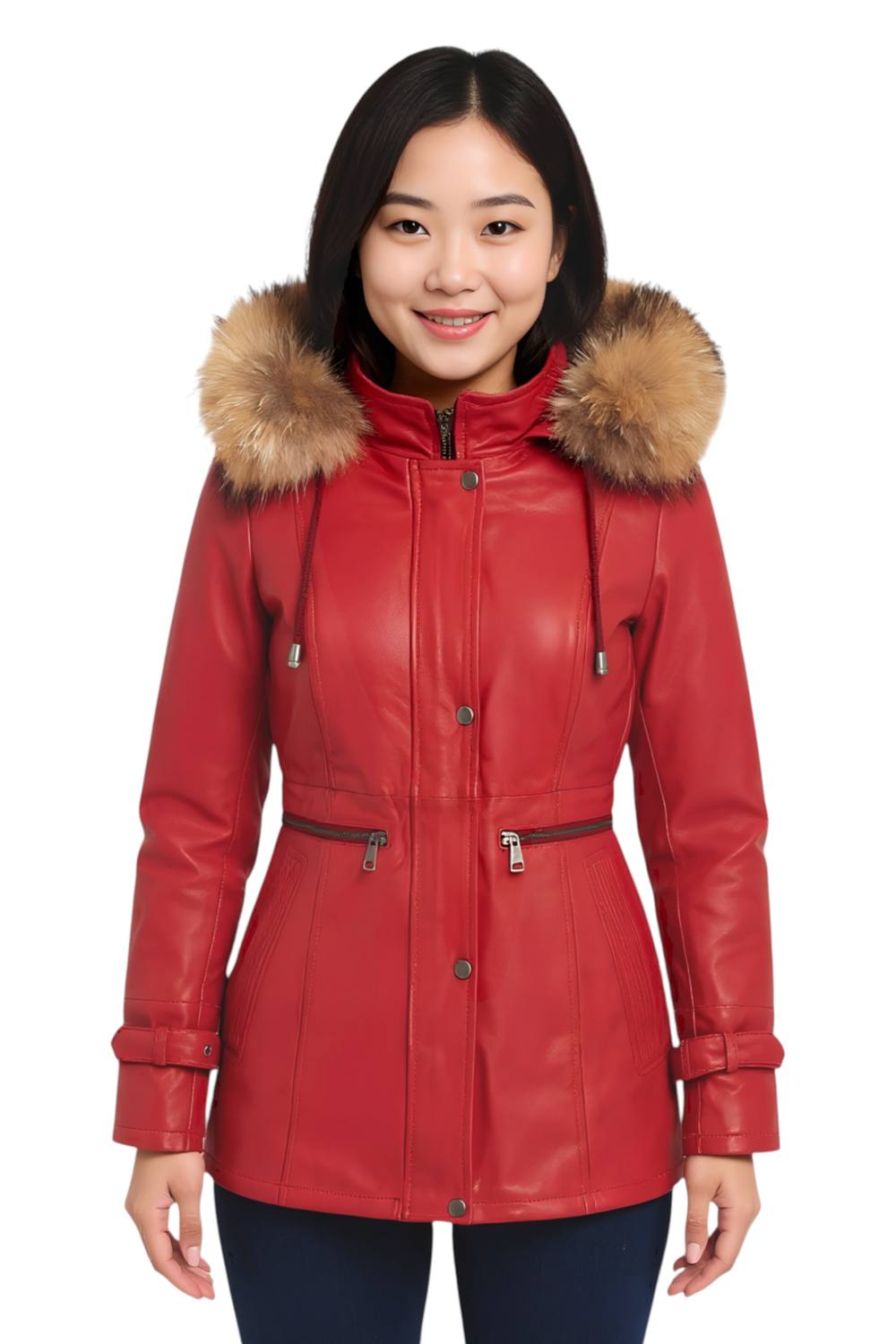 Infinity Leather Leather Hooded Parka Jacket-Putian In Red Infinity Leather Leather Hooded Parka Jacket-Putian In Red