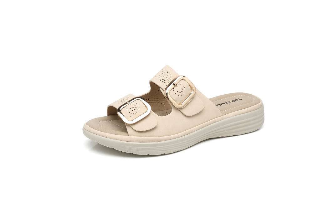 Ivachy Double Strap With Buckle Cushioned Mule Slippers Slide Sandals In Beige Ivachy Double Strap With Buckle Cushioned Mule Slippers Slide Sandals In Beige