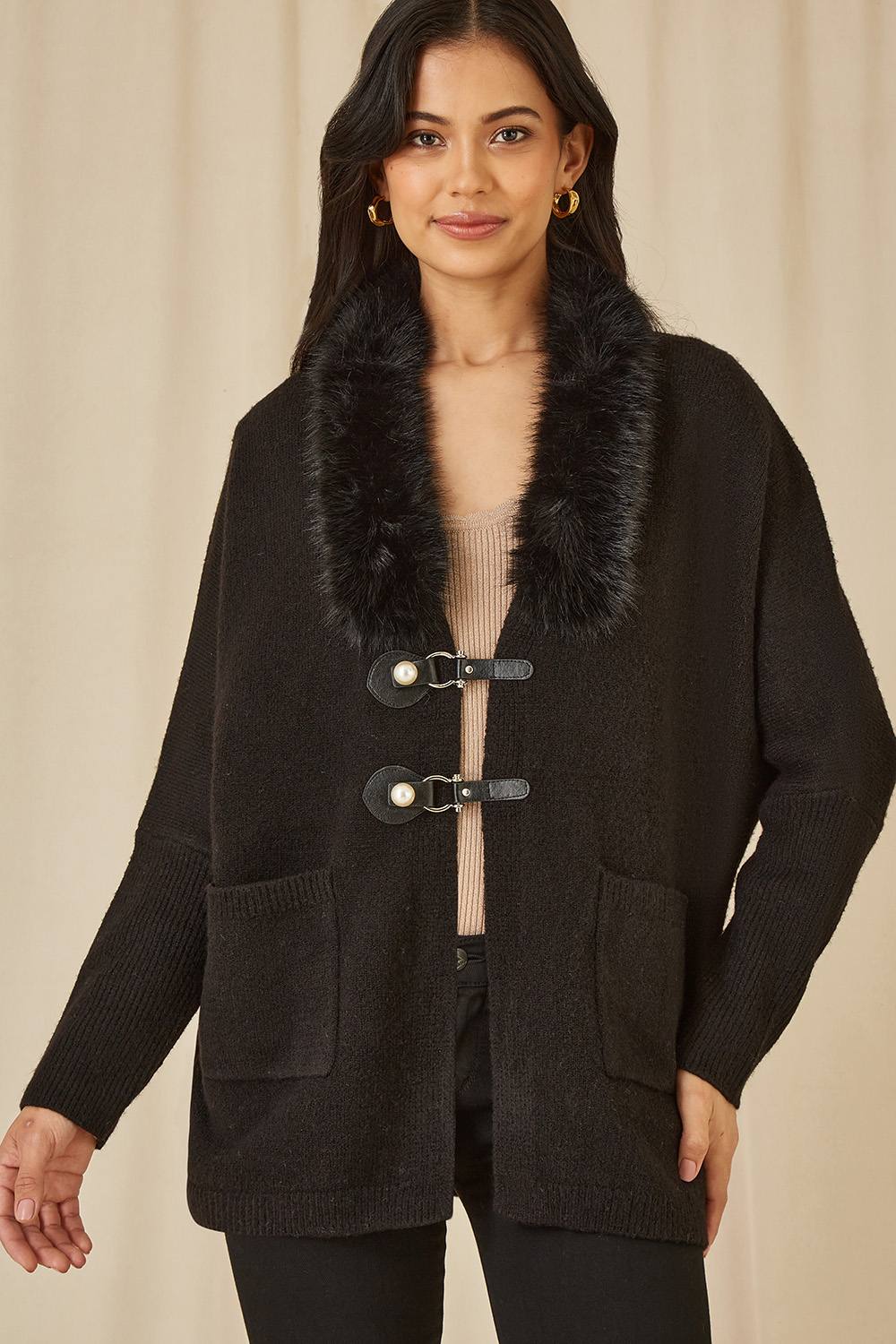 Yumi Black Cardigan With Detachable Fur Collar Trim Yumi Black Cardigan With Detachable Fur Collar Trim