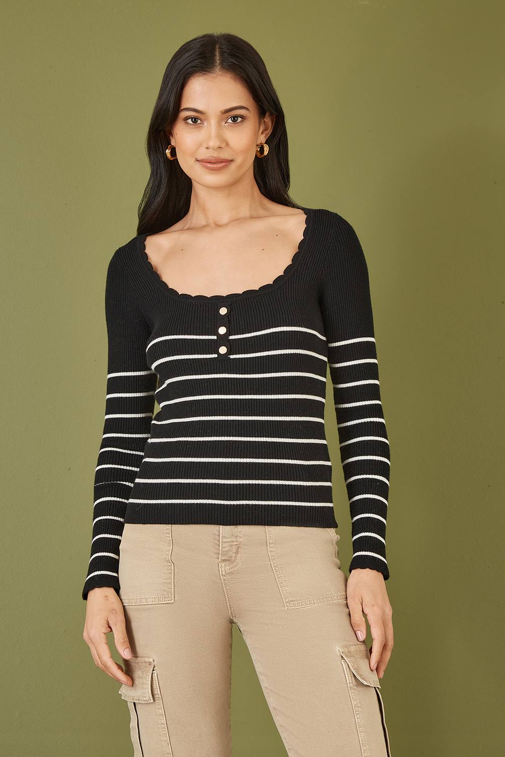 Yumi Black Stripe Rib Knitted Long Sleeve Top With Button Details Yumi Black Stripe Rib Knitted Long Sleeve Top With Button Details
