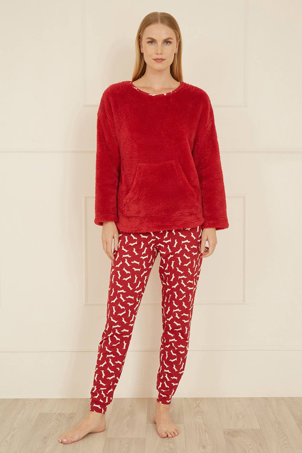 Yumi Red Pyjamas With Fleece Top And Dachshund Print Trousers Yumi Red Pyjamas With Fleece Top And Dachshund Print Trousers