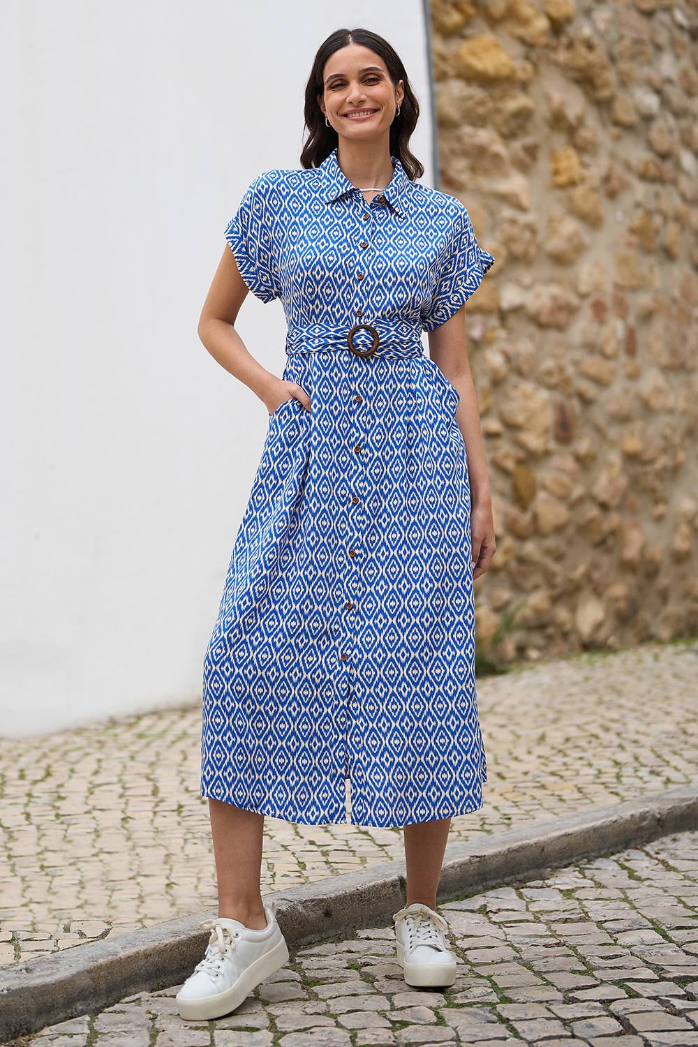 Yumi Blue Viscose Midi Shirt Dress With Matching Belt Yumi Blue Viscose Midi Shirt Dress With Matching Belt
