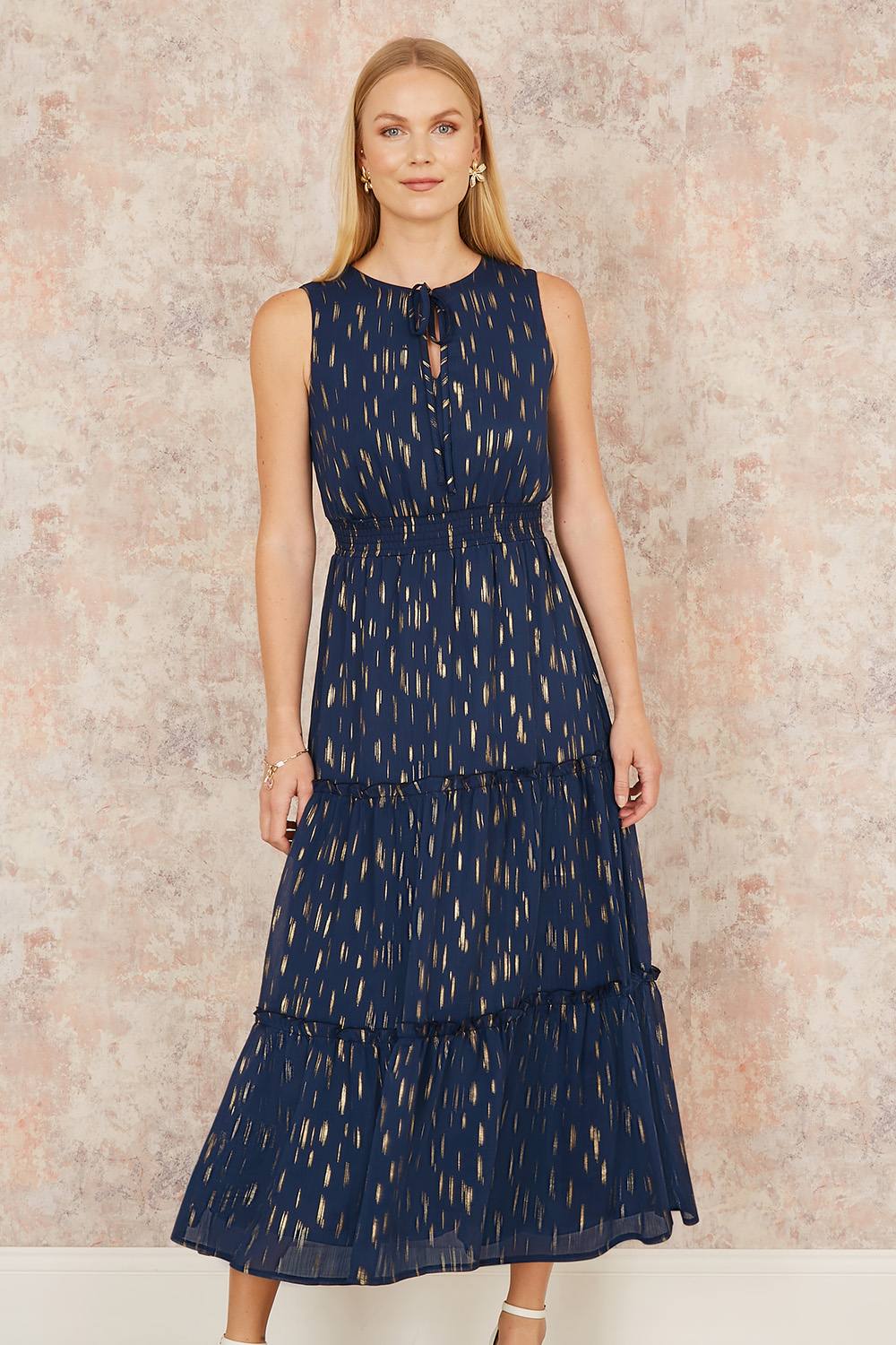 Yumi Navy Foil Print Ruched Waist Midi Dress With Tie Notch Neckline Yumi Navy Foil Print Ruched Waist Midi Dress With Tie Notch Neckline