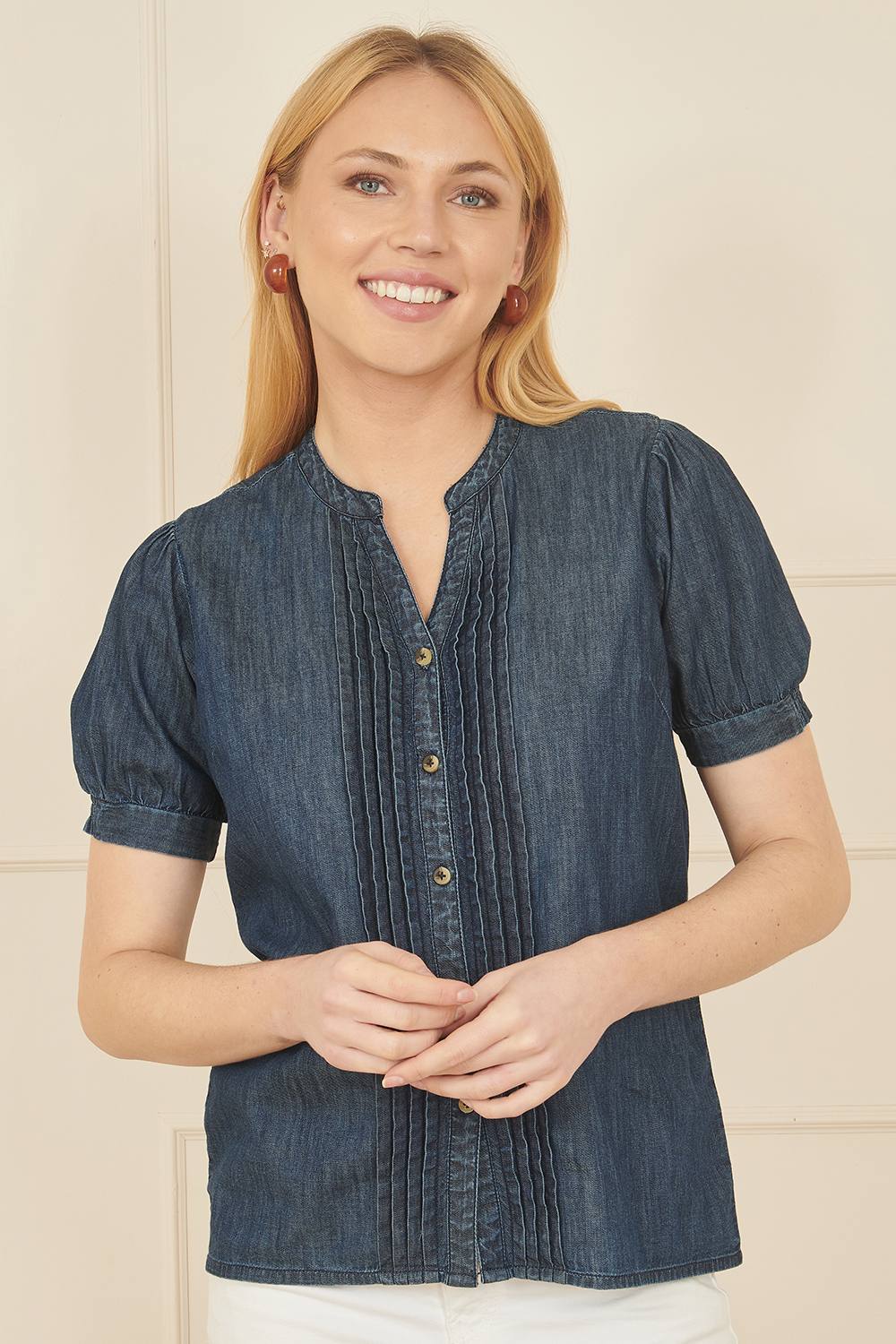 Yumi Blue Chambray Pleated Denim Shirt Yumi Blue Chambray Pleated Denim Shirt