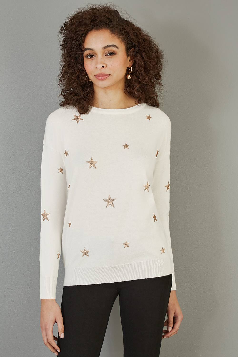 Yumi Cream Gold Foil Star Print Relaxed Fit Jumper In Ivory Yumi Cream Gold Foil Star Print Relaxed Fit Jumper In Ivory