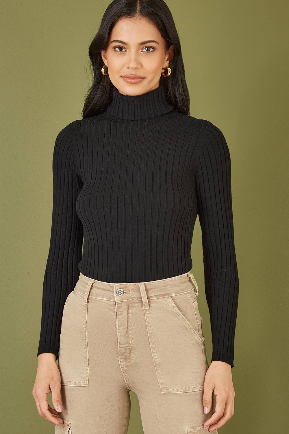 Yumi Black Ribbed Knit Roll Neck Jumper Yumi Black Ribbed Knit Roll Neck Jumper