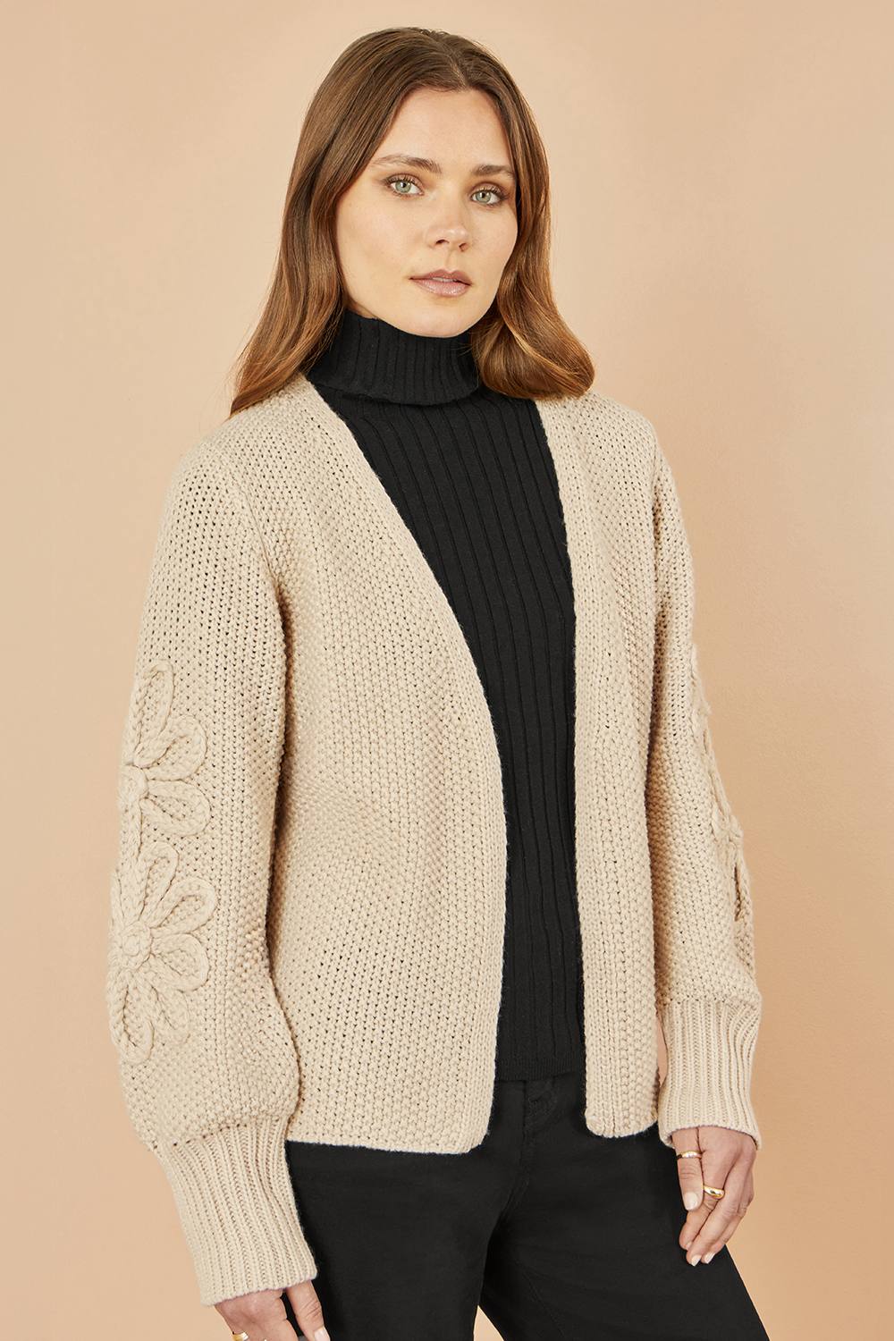 Yumi Beige Edge To Edge Cardigan With Flower Detail Sleeves Yumi Beige Edge To Edge Cardigan With Flower Detail Sleeves