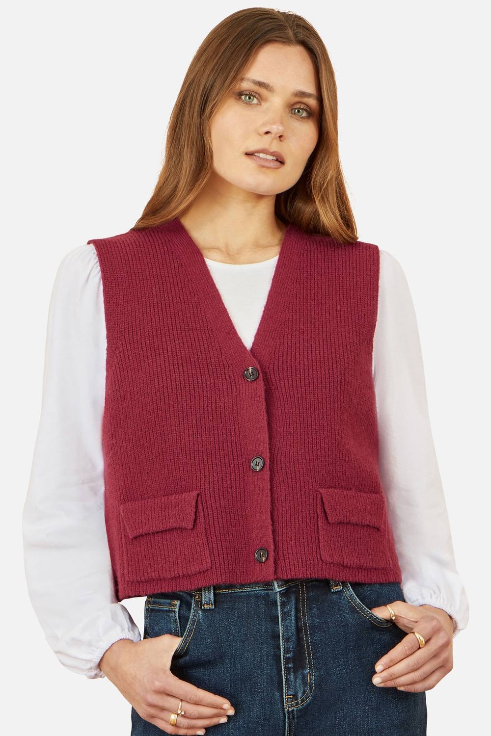Yumi Burgundy Knitted Pullover Waistcoat Yumi Burgundy Knitted Pullover Waistcoat