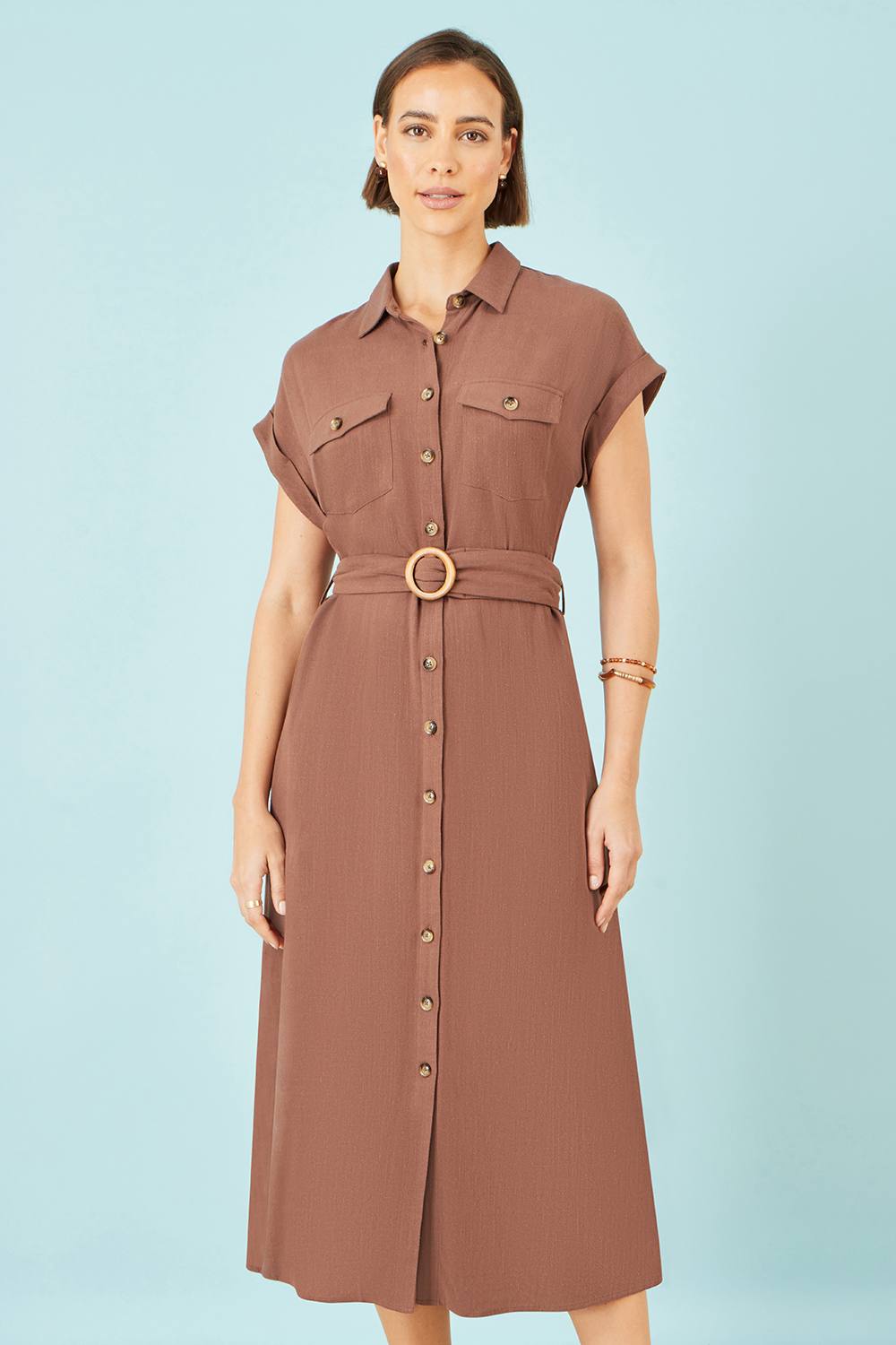 Yumi Brown Viscose Linen Look Midi Shirt Dress With Wooden Belt Yumi Brown Viscose Linen Look Midi Shirt Dress With Wooden Belt