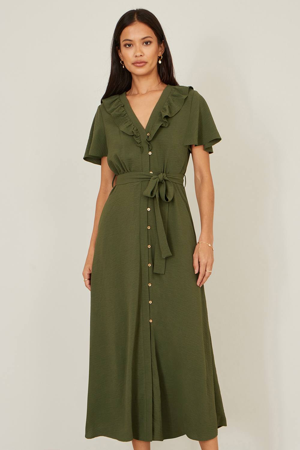 Yumi Green Ruffle Collar Midi Shirt Dress Yumi Green Ruffle Collar Midi Shirt Dress