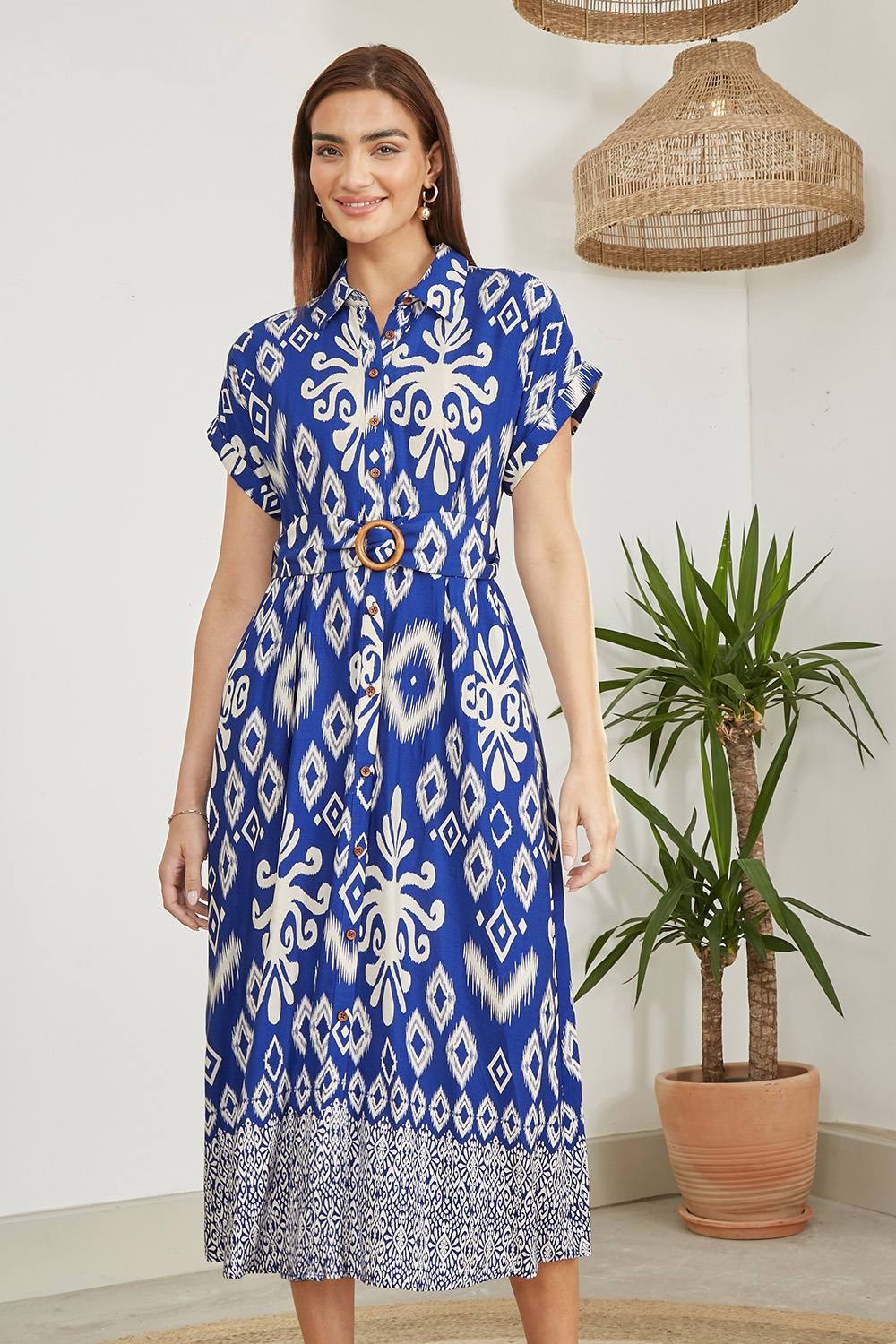 Yumi Blue Abstract Geo Print Relaxed Midi Shirt Dress With Belt Yumi Blue Abstract Geo Print Relaxed Midi Shirt Dress With Belt