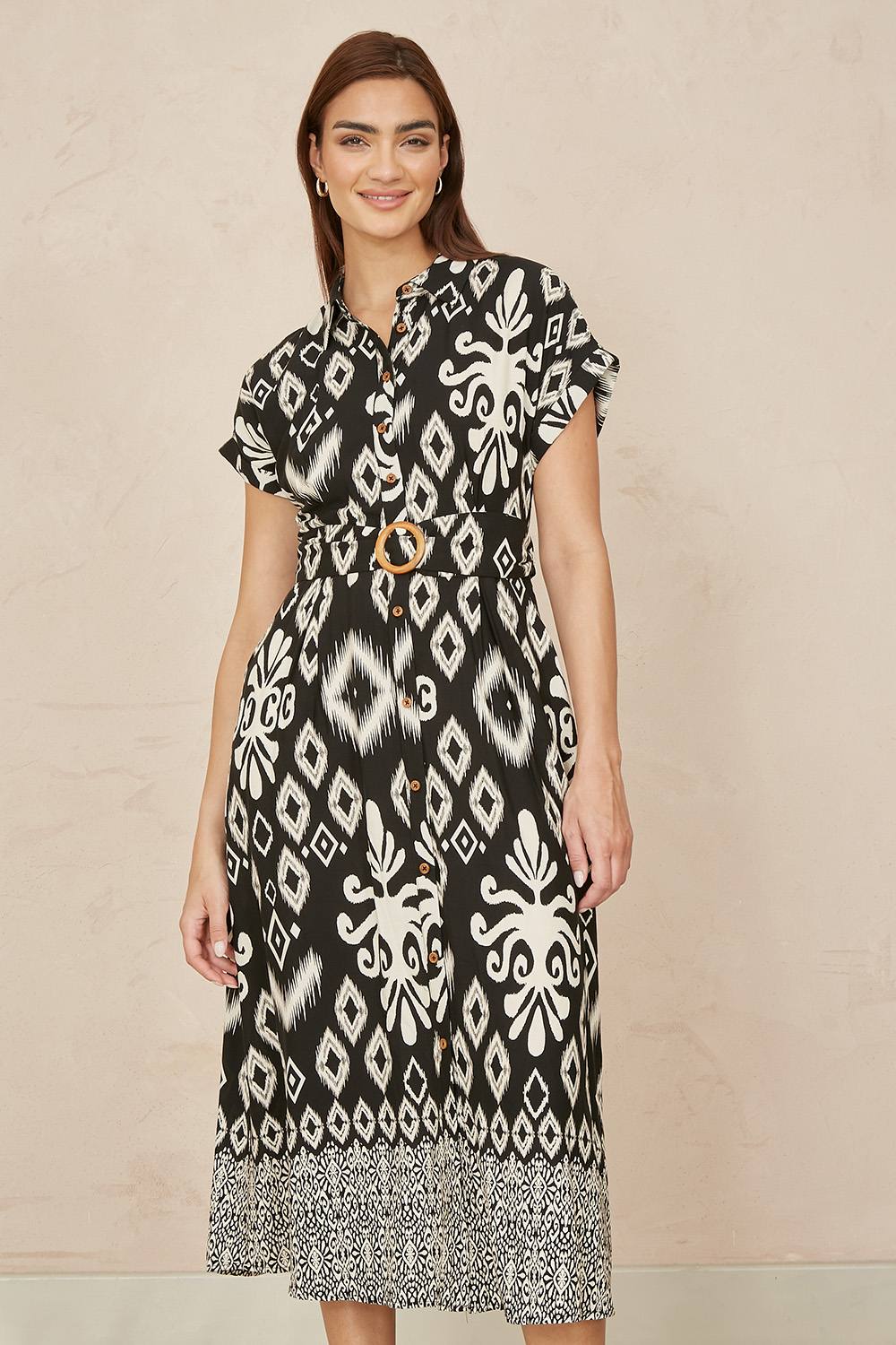 Yumi Black Abstract Geo Print Relaxed Midi Shirt Dress With Belt Yumi Black Abstract Geo Print Relaxed Midi Shirt Dress With Belt