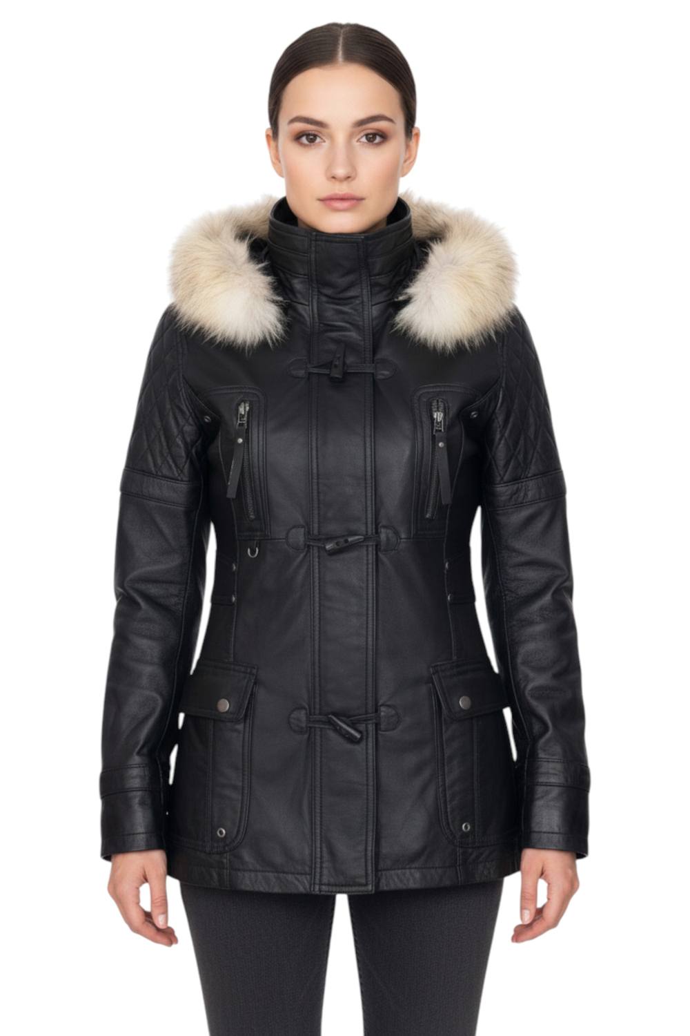 Infinity Leather Lamb Leather Quilted Parka Fur Hood Jacket- Duchess In Black Infinity Leather Lamb Leather Quilted Parka Fur Hood Jacket- Duchess In Black