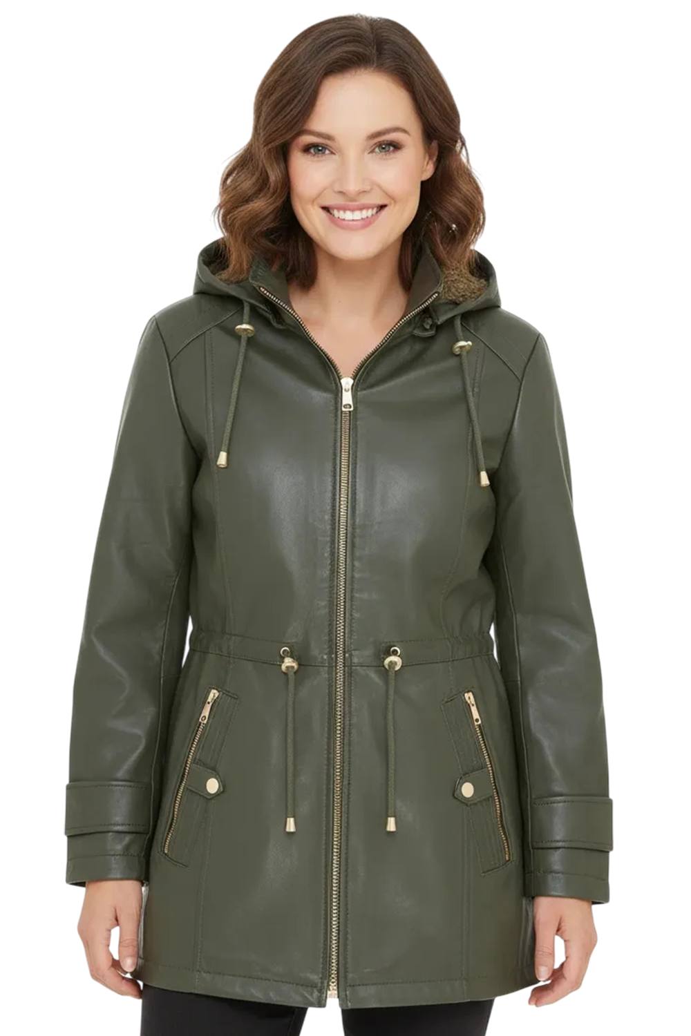 Infinity Leather Leather Parka Removable Borg Hooded Trench Coat – Emilia In Green Infinity Leather Leather Parka Removable Borg Hooded Trench Coat – Emilia In Green
