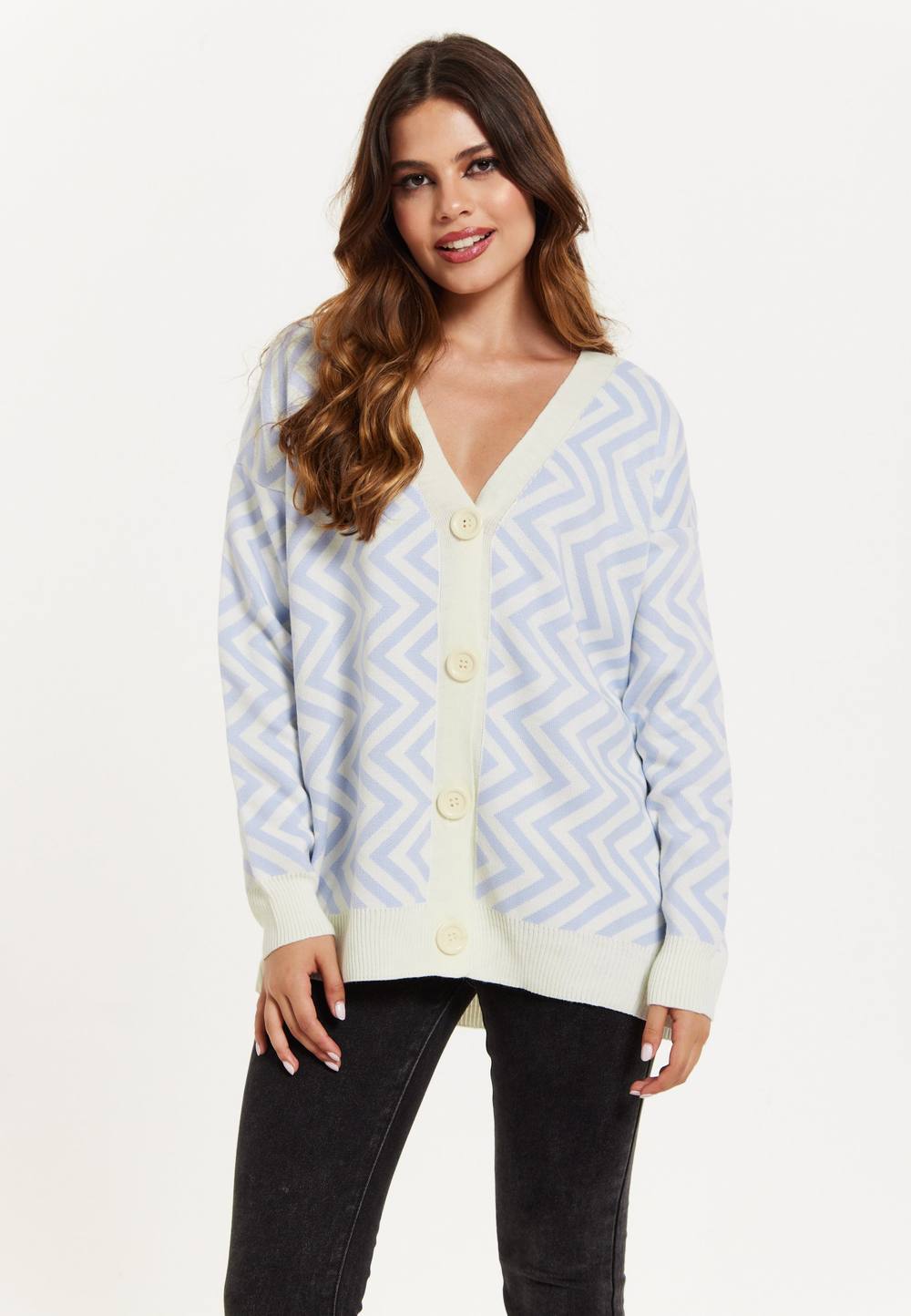 Liquorish Zig Zag Pattern Cardigan Blue&white Liquorish Zig Zag Pattern Cardigan Blue&white