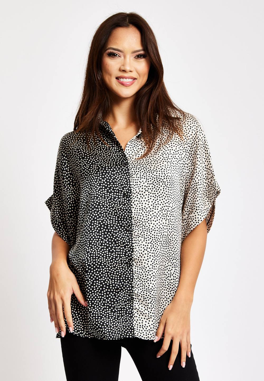 Liquorish Monochrome Polka Dot Print Shirt With Short Sleeves Liquorish Monochrome Polka Dot Print Shirt With Short Sleeves