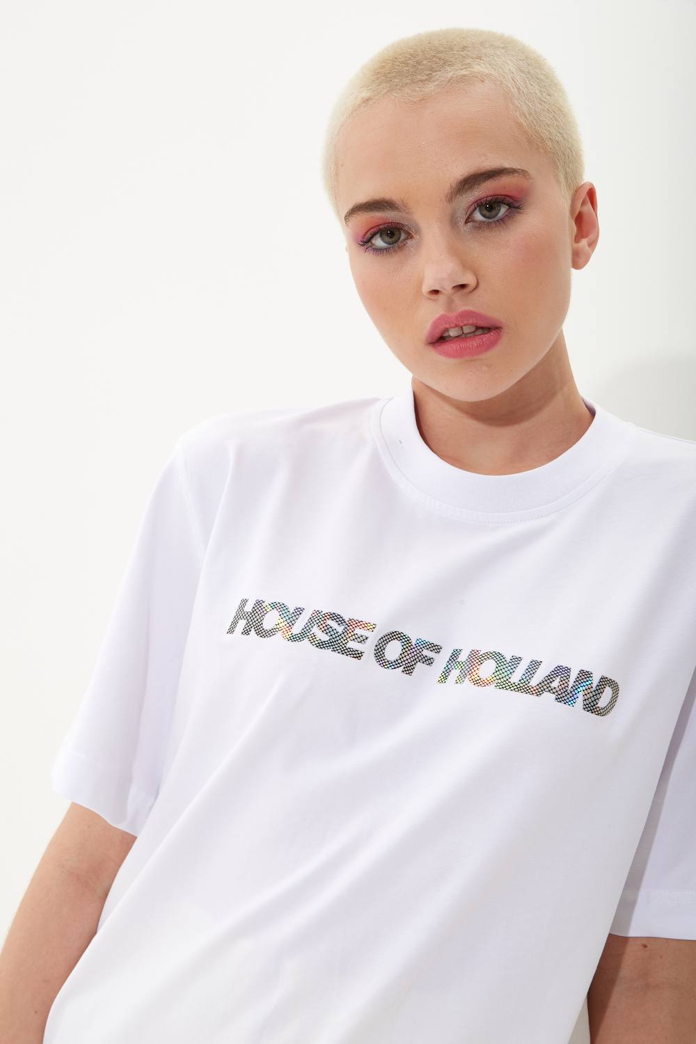 House Of Holland Holographic Rainbow Transfer Printed Shirt In White House Of Holland Holographic Rainbow Transfer Printed Shirt In White