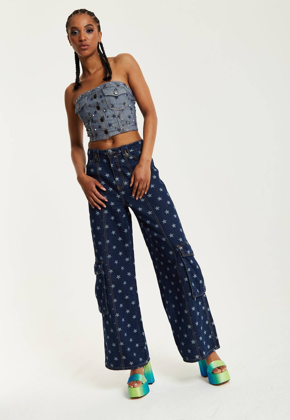 House Of Holland Star Print Cargo Jeans In Blue House Of Holland Star Print Cargo Jeans In Blue