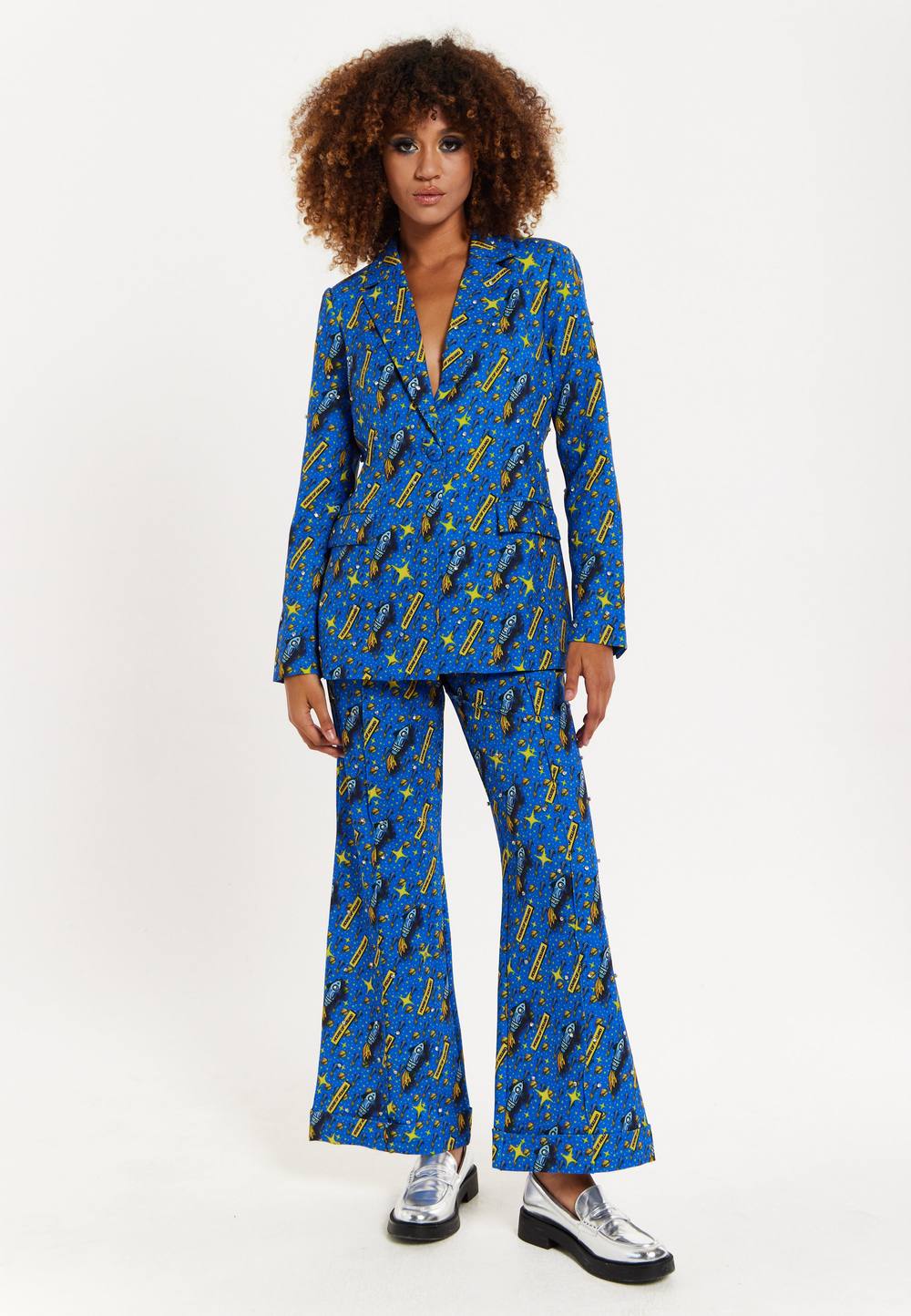 House Of Holland Rocket Print Diamante Embellished Blazer In Blue House Of Holland Rocket Print Diamante Embellished Blazer In Blue