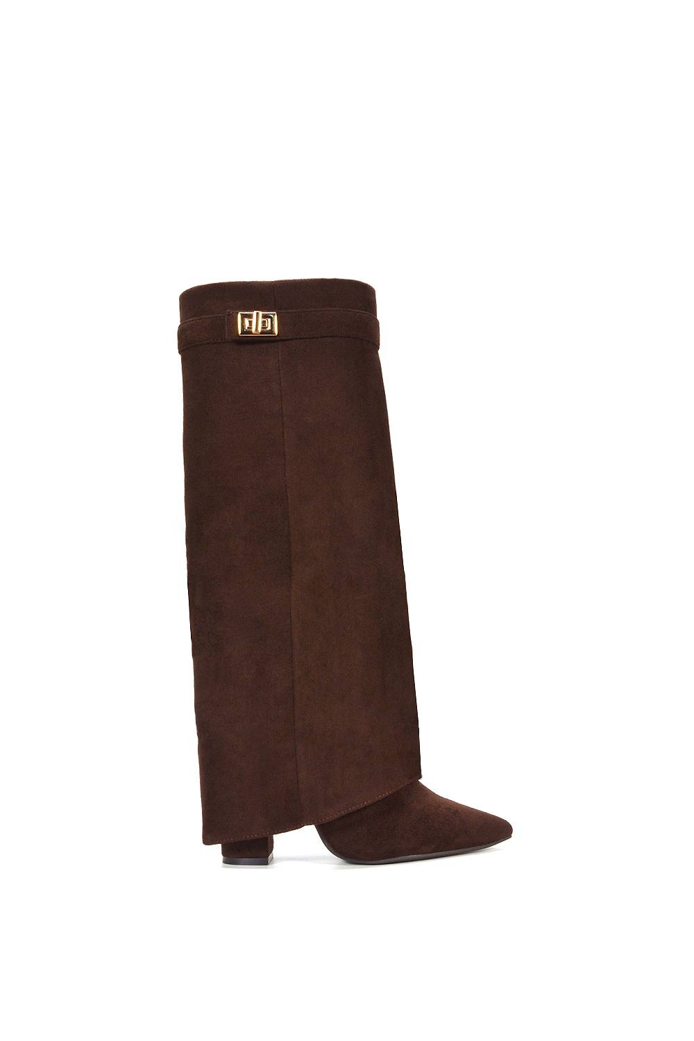 Xy London ‘rayna’ Block Heel Knee High Foldover Boots With Pointed Toe In Chocolate Xy London ‘rayna’ Block Heel Knee High Foldover Boots With Pointed Toe In Chocolate