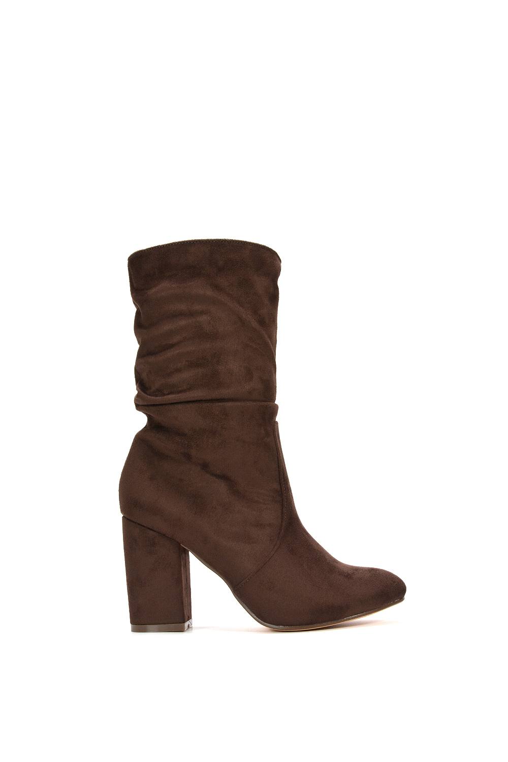 Xy London ‘belle’ Mid Calf High Block Heel Ruched Boots In Chocolate Xy London ‘belle’ Mid Calf High Block Heel Ruched Boots In Chocolate