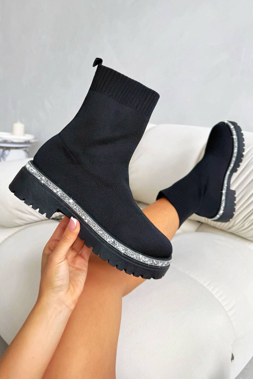 Love Lemonade Sparkly Stretch Chunky Sock Boots In Black Love Lemonade Sparkly Stretch Chunky Sock Boots In Black