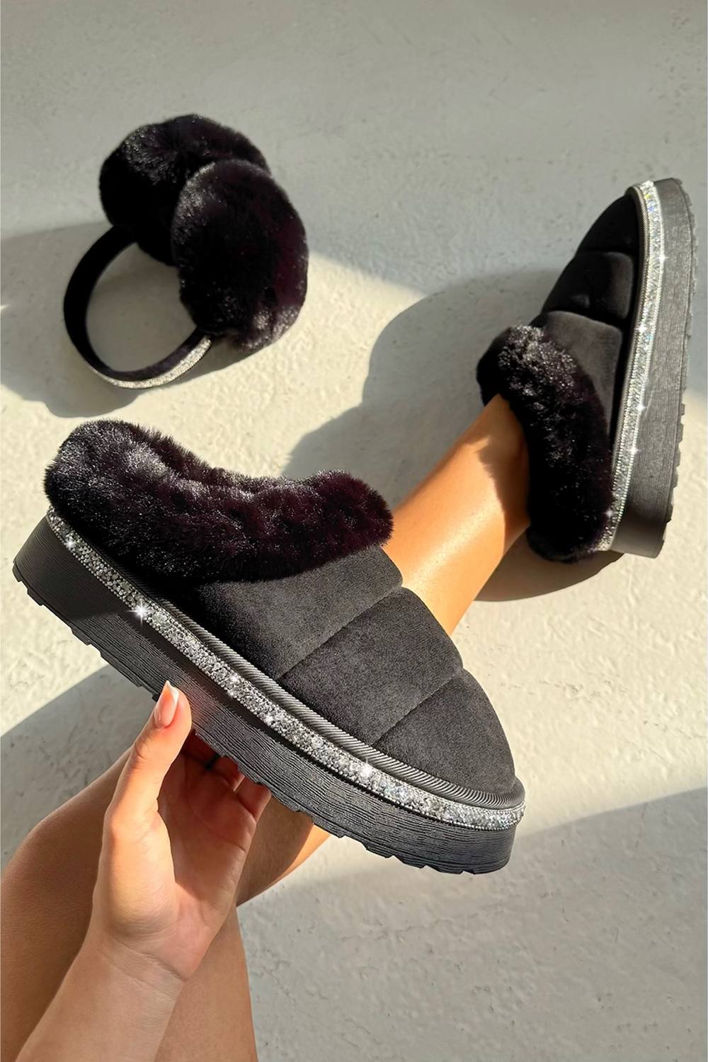 Love Lemonade Crystal Trim Soft Touch Slippers In Black Love Lemonade Crystal Trim Soft Touch Slippers In Black