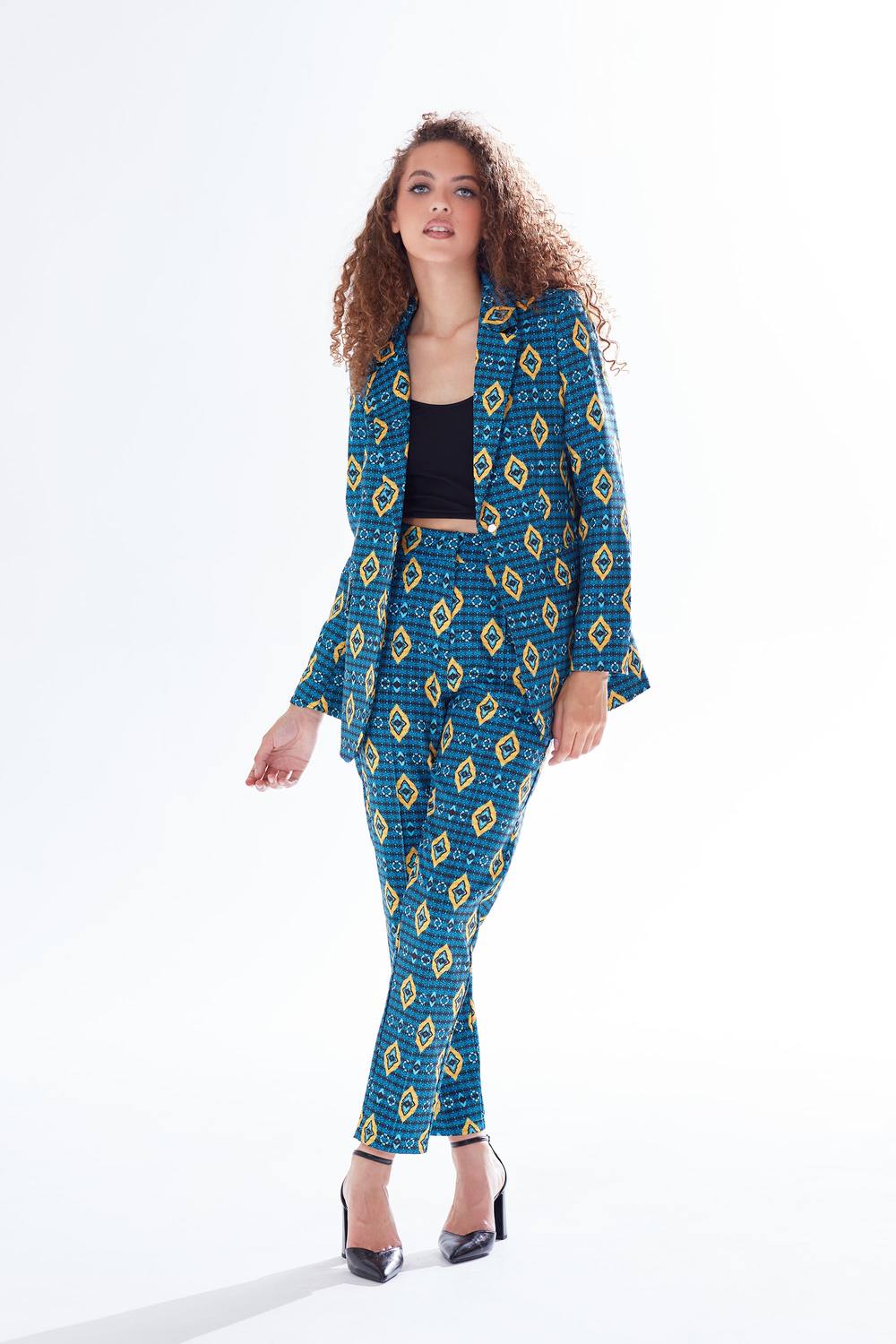 Liquorish African Print Suit Blazer In Blue, Yellow & Navy Liquorish African Print Suit Blazer In Blue, Yellow & Navy